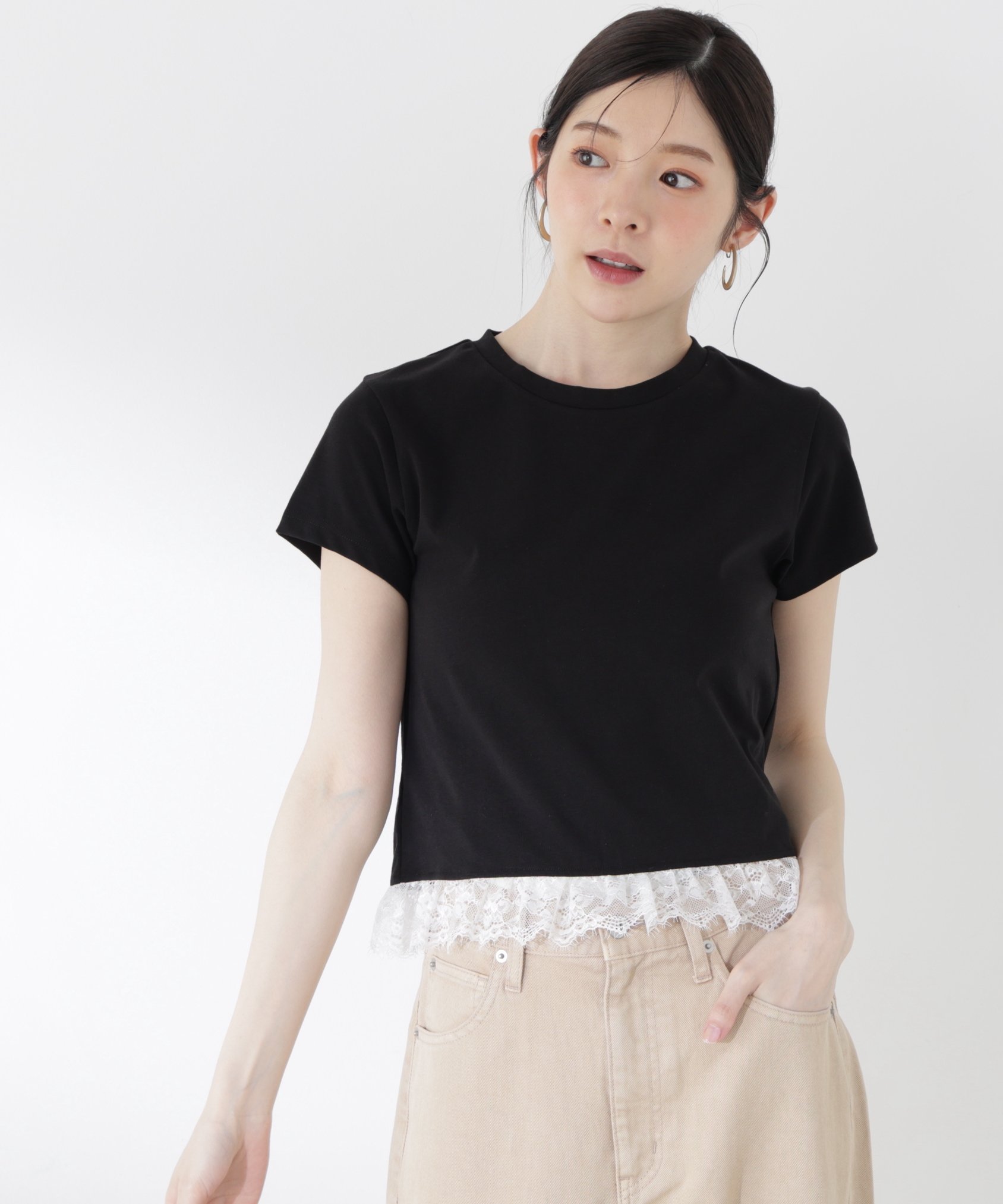 PROPORTION BODY DRESSING ＜青島心さん着用＞＜a/mie＞レースヘムTシャツ プロポーションボディドレッシング トップス カットソー・Tシャツ ホワイト ブラック