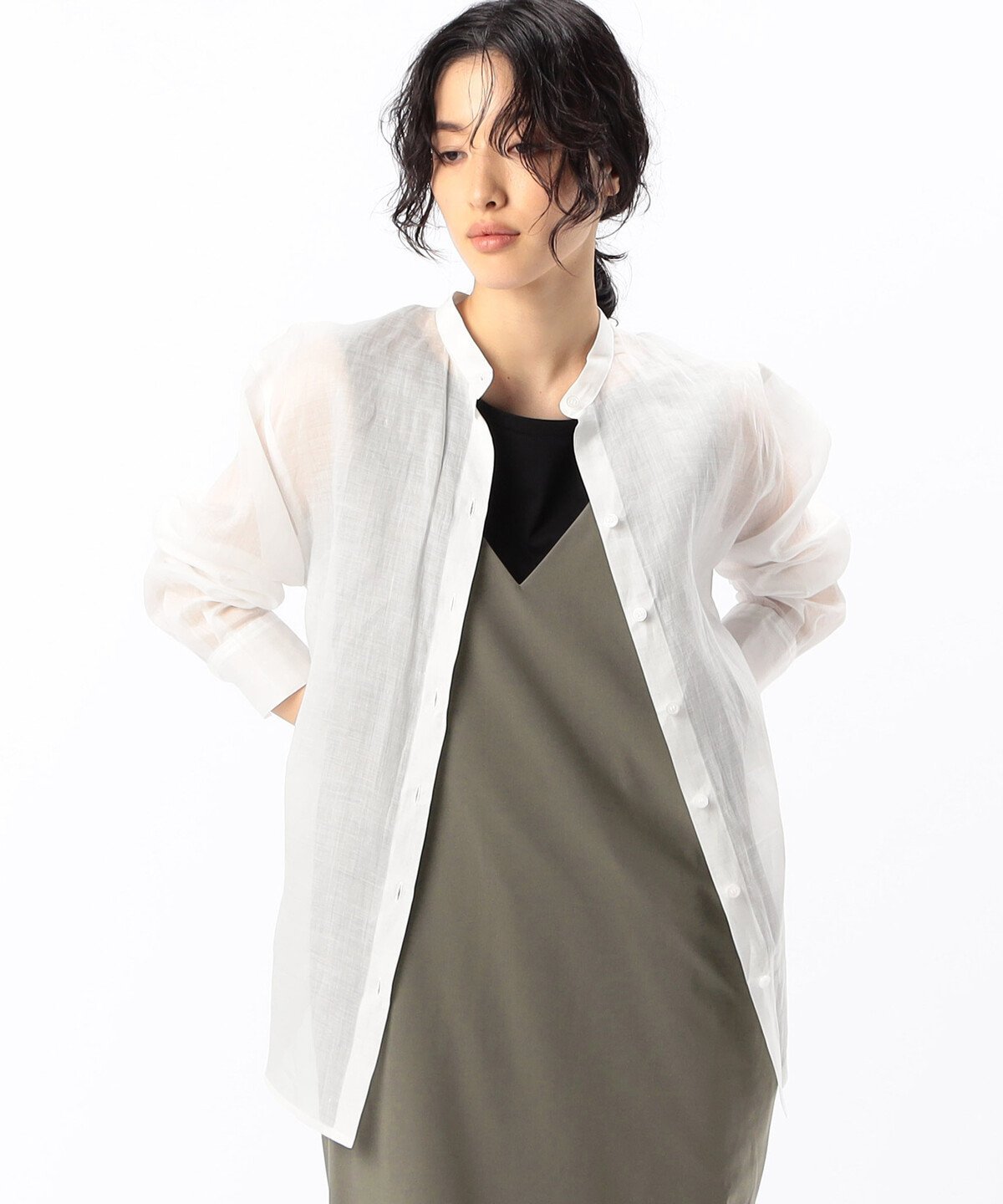 【SALE／20%OFF】Gabardine K.T + [ +サイズ ] シアー ラミー麻 バンドカラーシャツ コムサ トップス シャツ・ブラウス ブルー ブラック ホワイト【送料無料】