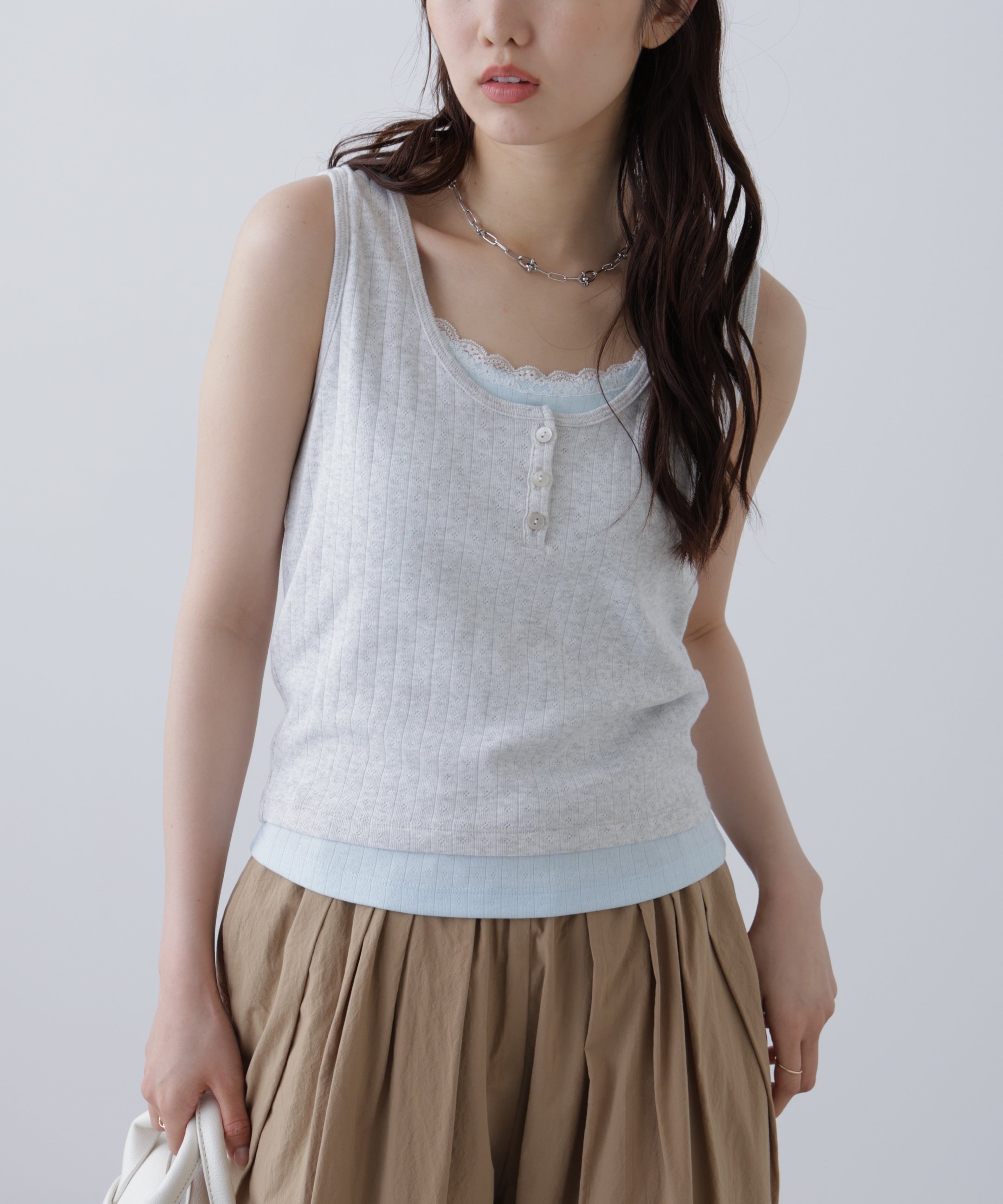 針抜きテレコレイヤードタンクトップ フリーズ マート トップス カットソー・Tシャツ ホワイト グレー ネイビー