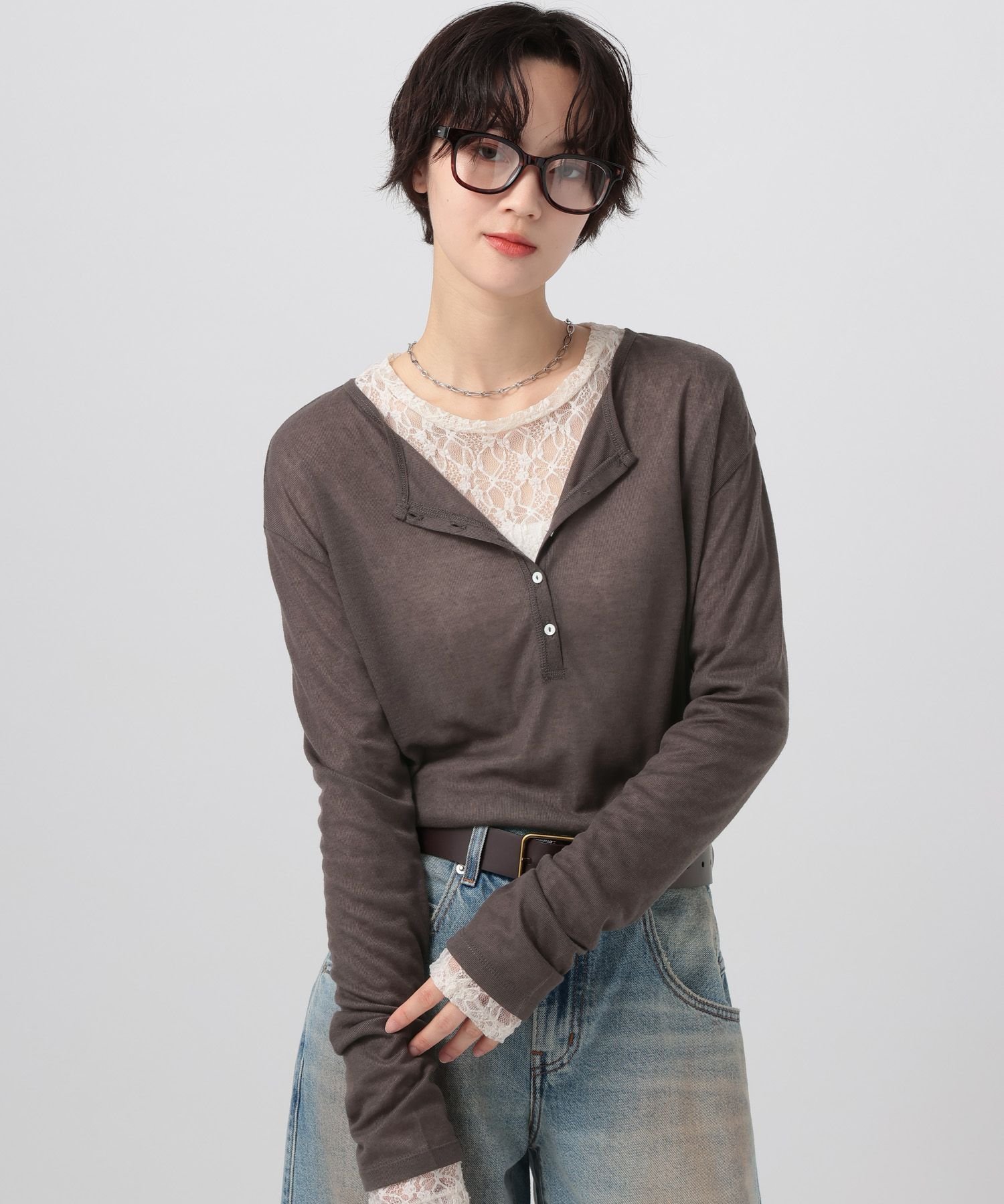BAYFLOW [トレンドアイテム]シアーリブヘンリープルオーバー ベイフロー トップス カットソー・Tシャツ グレー ホワイト【送料無料】