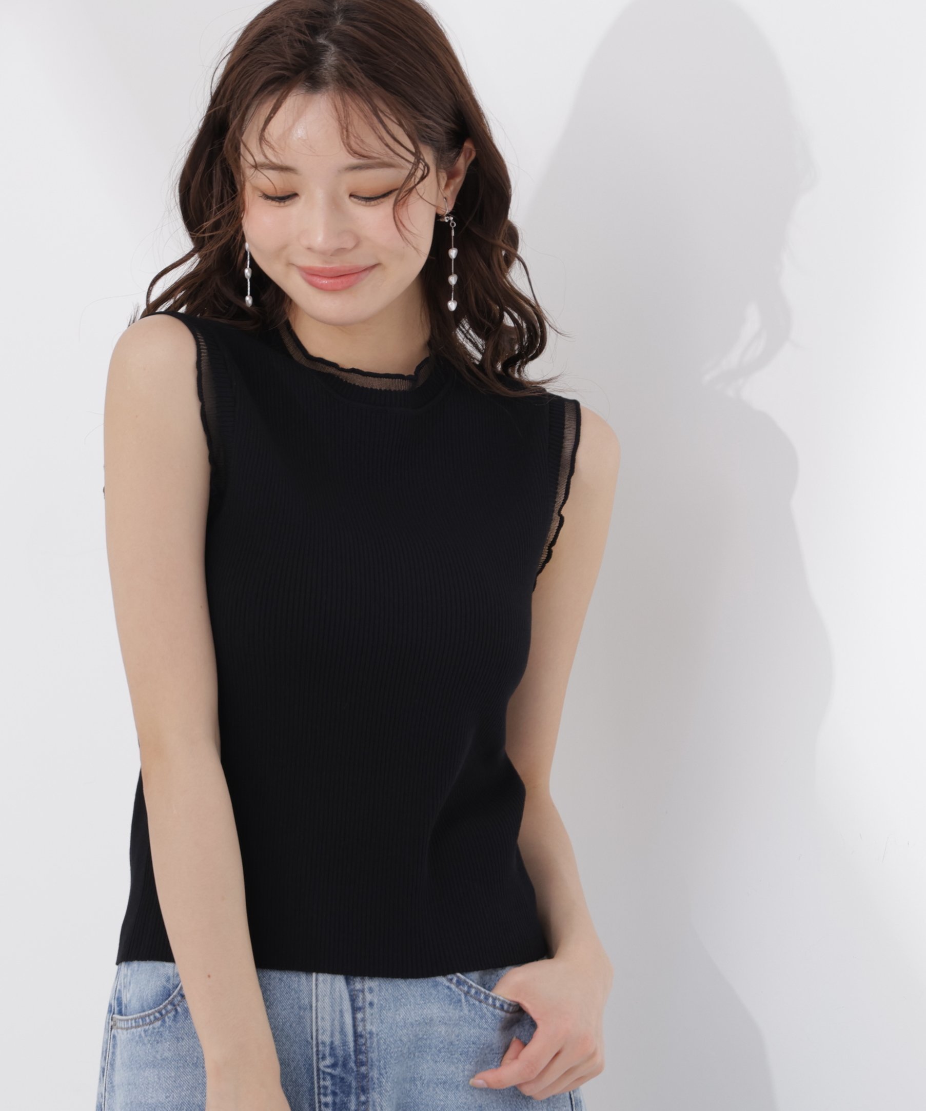 PROPORTION BODY DRESSING ＜中川紅葉さん着用＞部分シアーノースリーニット プロポーションボディドレッシング トップス ニット グリーン ベージュ ブラック レッド