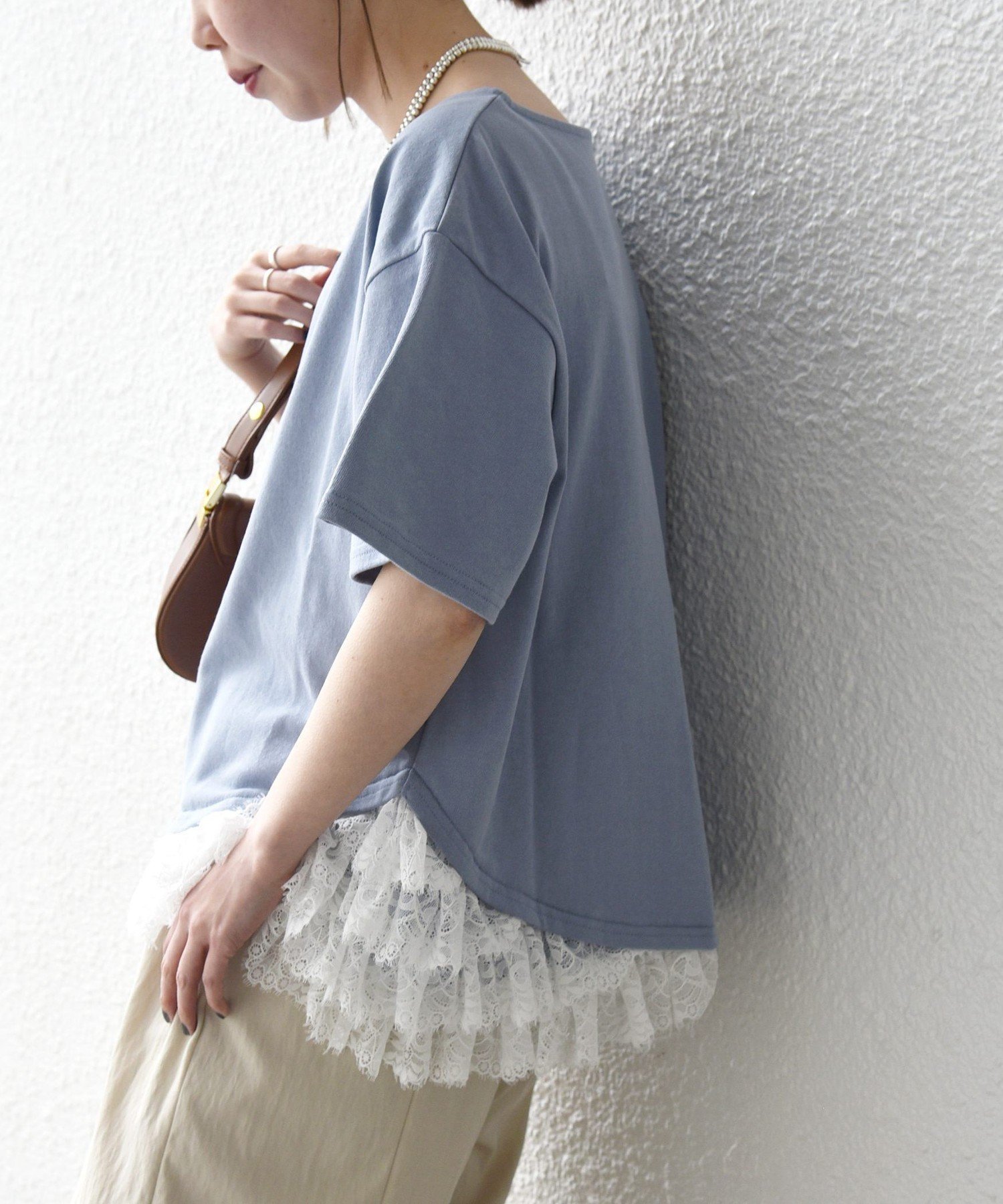 SHIPS any:＜洗濯機可能＞レース ヘム アシンメトリー ショートスリーブ TEE シップス トップス カットソー・Tシャツ ネイビー ブルー ホワイト