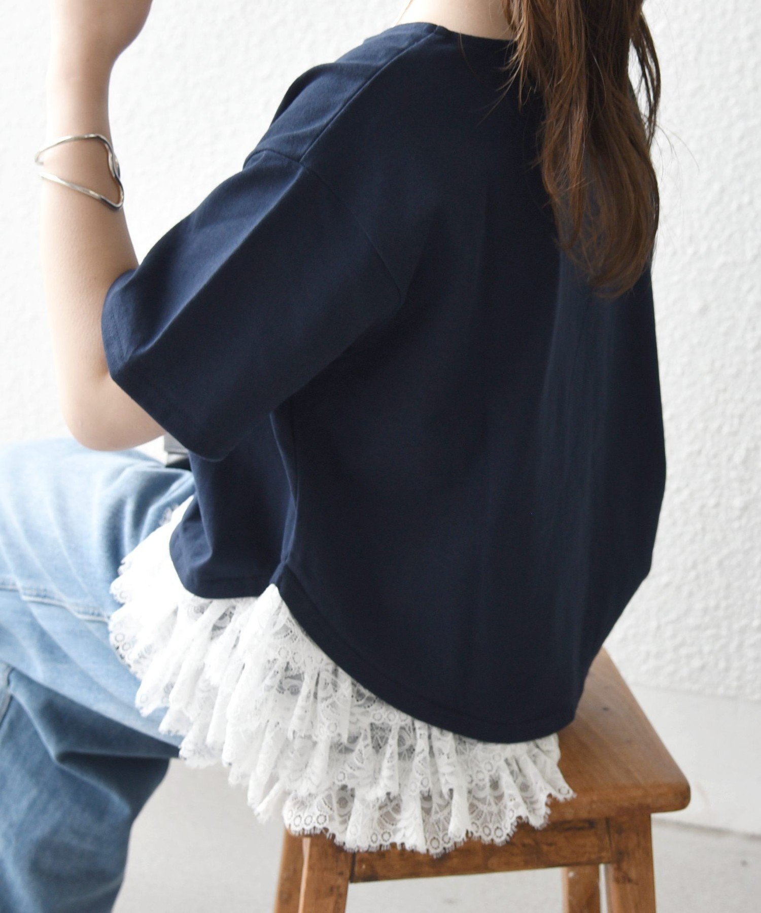 SHIPS any:＜洗濯機可能＞レース ヘム アシンメトリー ショートスリーブ TEE シップス トップス カットソー・Tシャツ ネイビー ブルー ホワイト