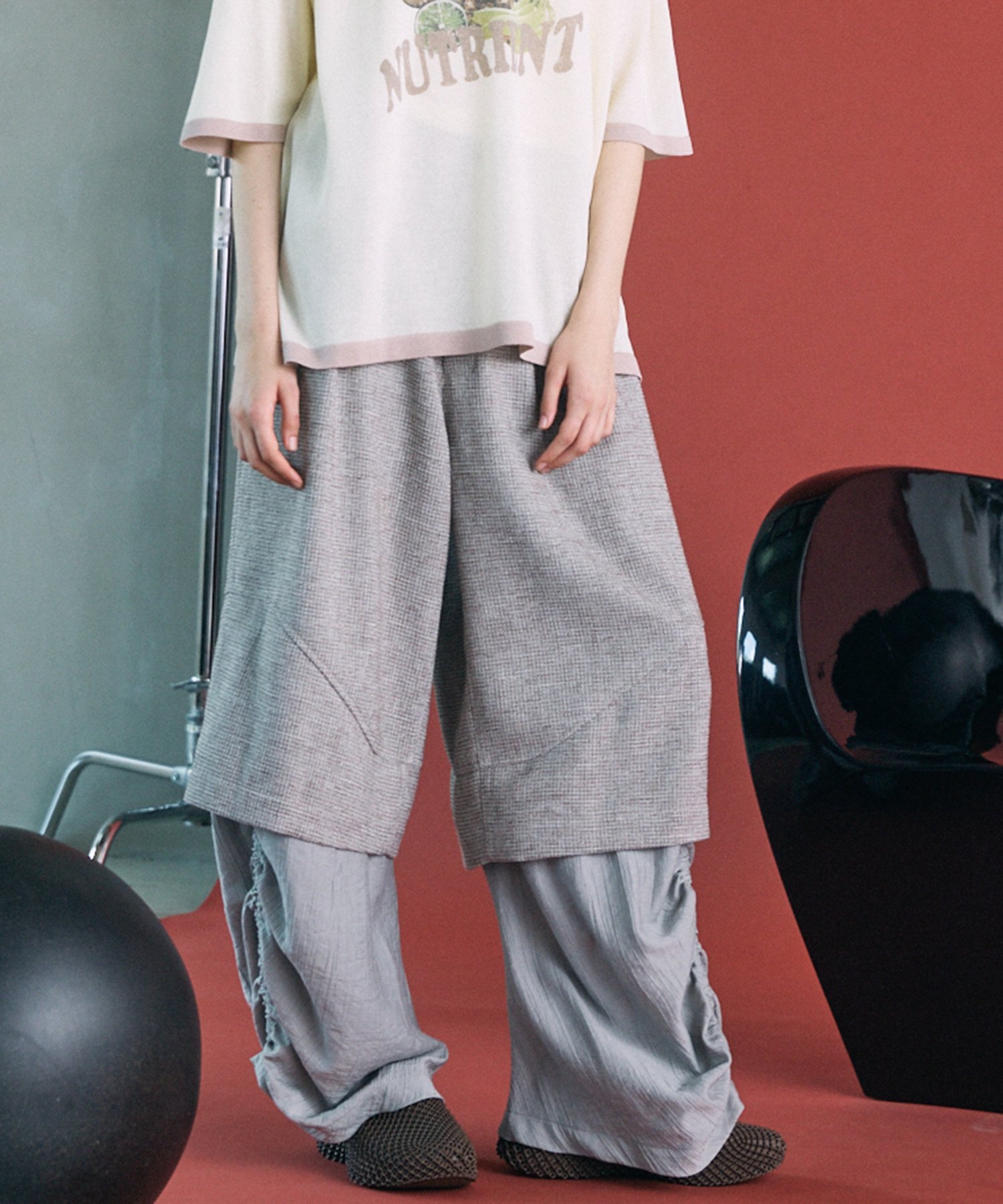 MAISON SPECIAL Tweed Layered Prime-Wide Shirring Detail Pants メゾンスペシャル パンツ カーゴパンツ グレー ブラック