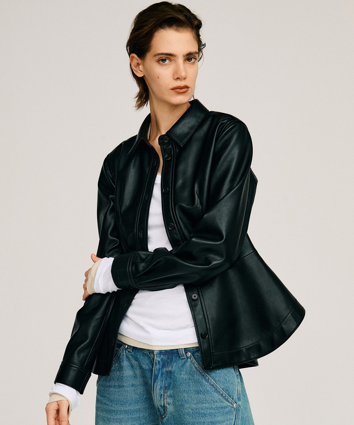 PRANK PROJECT フェイクレザーペプラムシャツ / Faux Leather Peplum Shirt プランク プロジェクト トップス シャツ・ブラウス ブラック【送料無料】