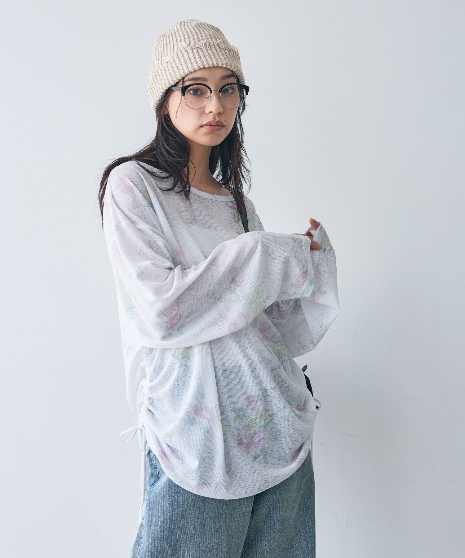 JEANASIS シアーワッフルドロストプルオバーLS ジーナシス トップス カットソー・Tシャツ ブラック グレー ホワイト