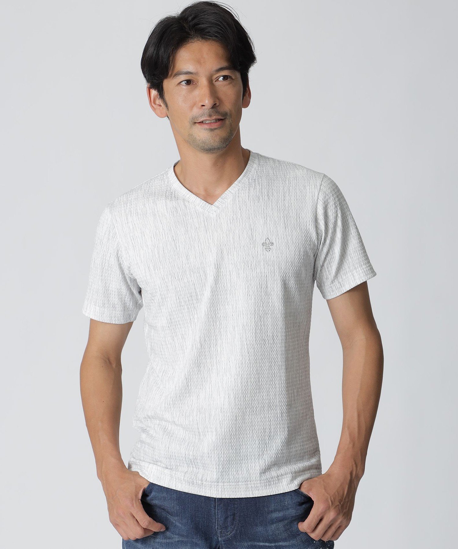 【SALE／20%OFF】EPOCA UOMO ラインプリントサッカーVネックカットソー エポカ トップス カットソー・Tシャツ ホワイト グレー【送料無料】