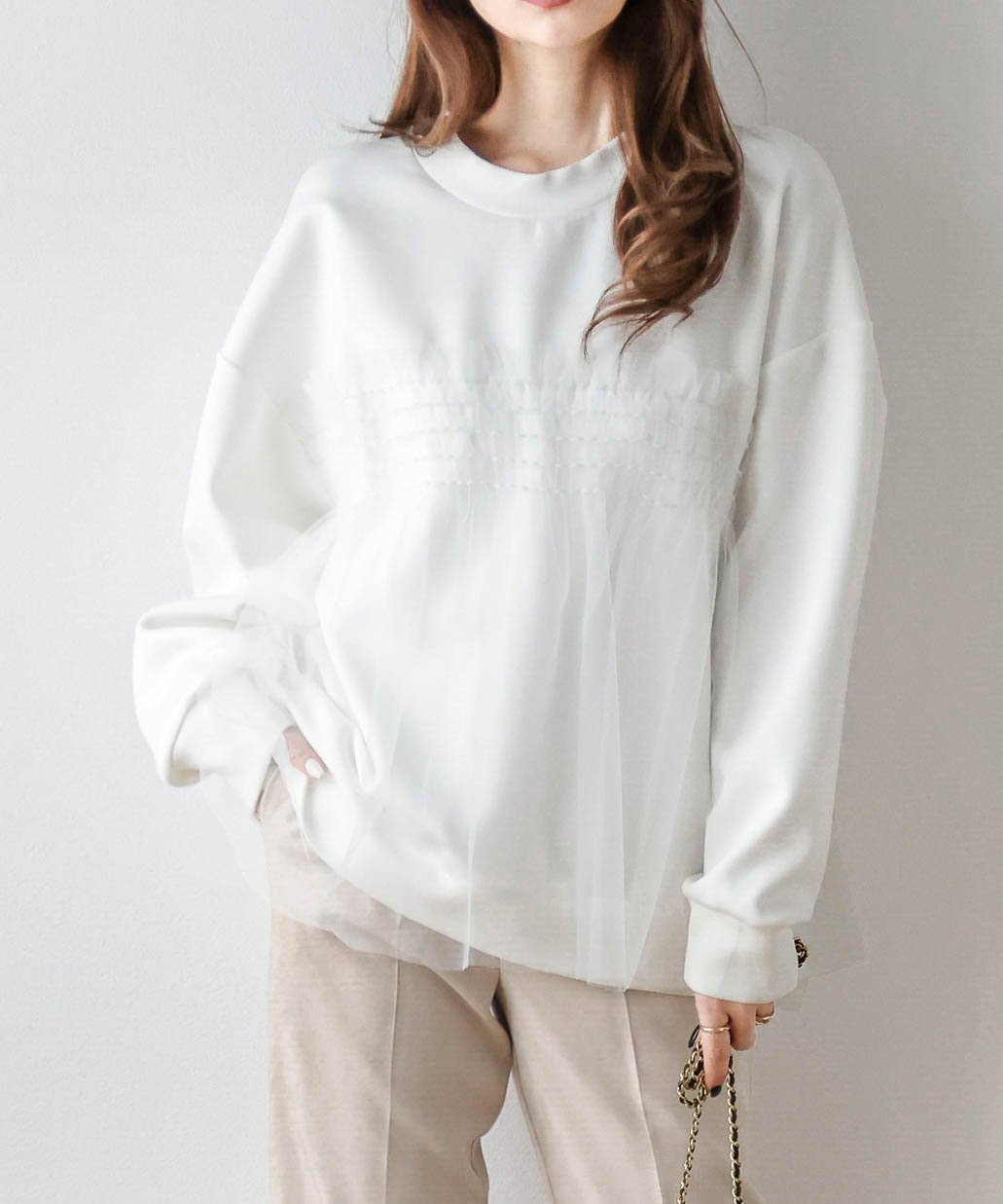 La-gemme チュールドッキングプルオーバー ラジュール トップス カットソー・Tシャツ ブラック ホワイト グレー