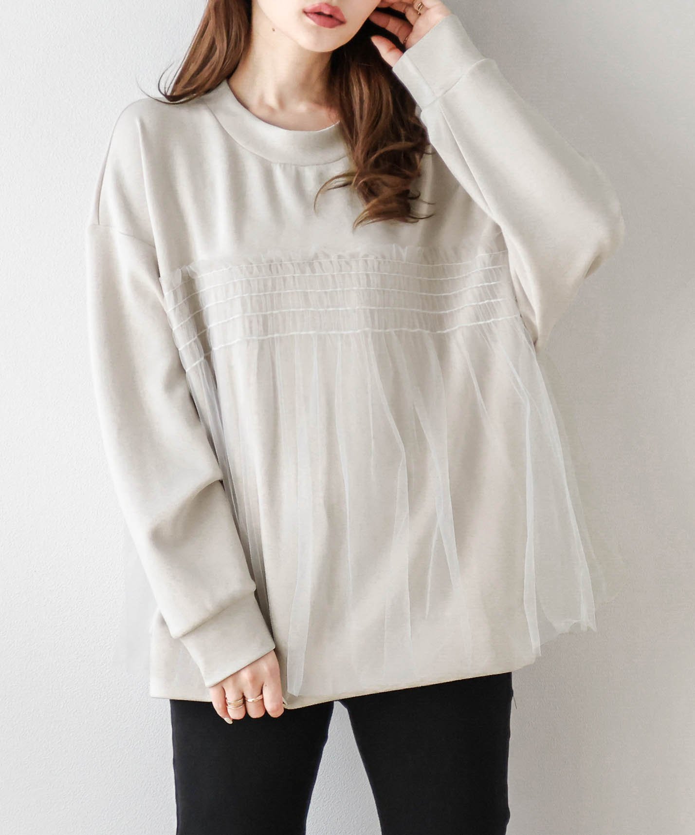 La-gemme チュールドッキングプルオーバー ラジュール トップス カットソー・Tシャツ ブラック ホワイト グレー