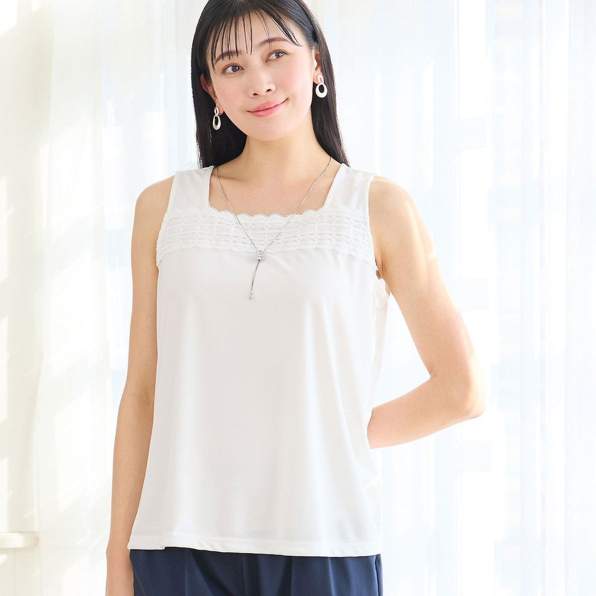 missel 【洗える・日本製・L~4Lサイズ】レースつきタンクトップ ミゼール トップス カットソー・Tシャツ ブラック ホワイト
