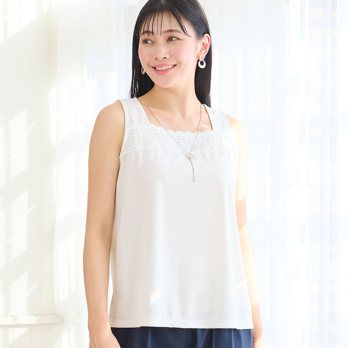 missel 【洗える・日本製・L~4Lサイズ】レースつきタンクトップ ミゼール トップス カットソー・Tシャツ ブラック ホワイト