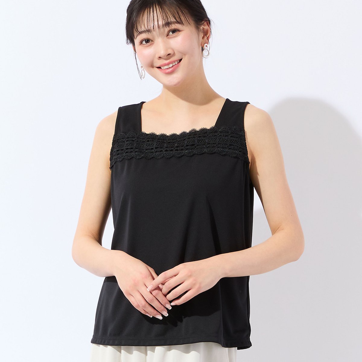 missel 【洗える・日本製・L~4Lサイズ】レースつきタンクトップ ミゼール トップス カットソー・Tシャツ ブラック ホワイト