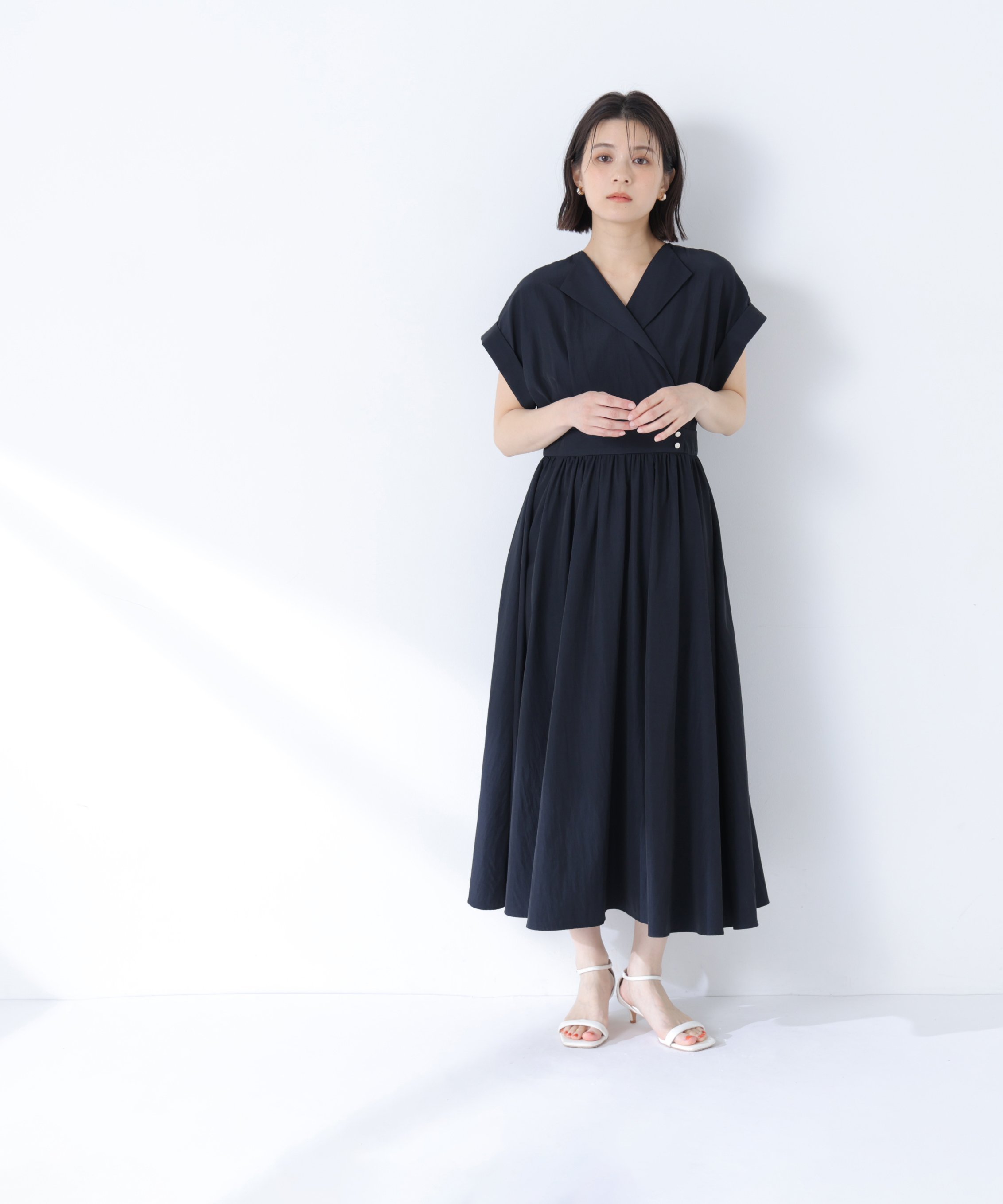 NATURAL BEAUTY BASIC 開襟フレンチワンピース ナチュラルビューティベーシック ワンピース・ドレス ワンピース ネイビー ホワイト ブルー