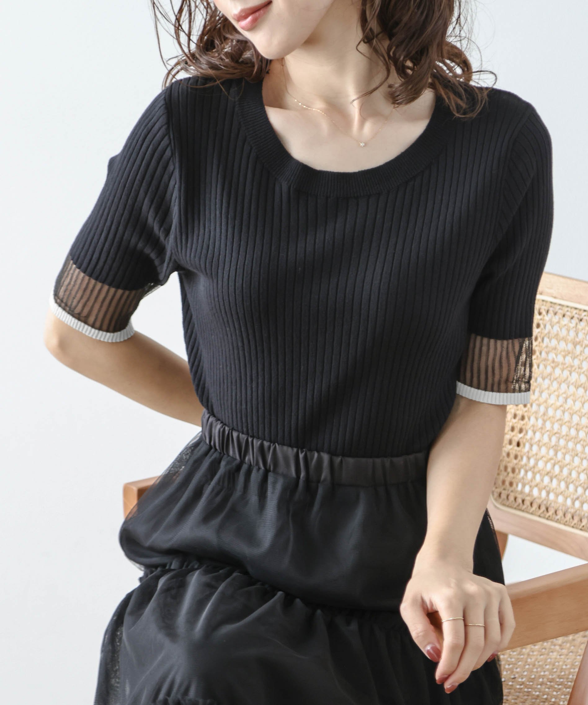 La-gemme シアースリーブリブニットトップス ラジュール トップス ニット ブラック ベージュ ピンク グレー