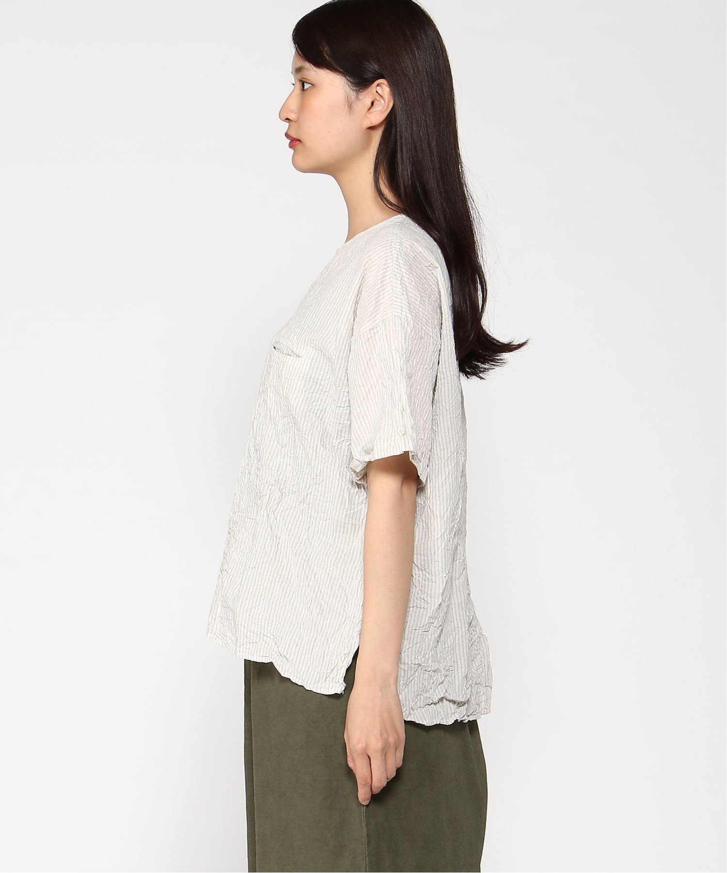 pas de calais pas de calais 綿麻ストライプ プルオーバーブラウス パドカレ トップス シャツ・ブラウス ブラック グレー