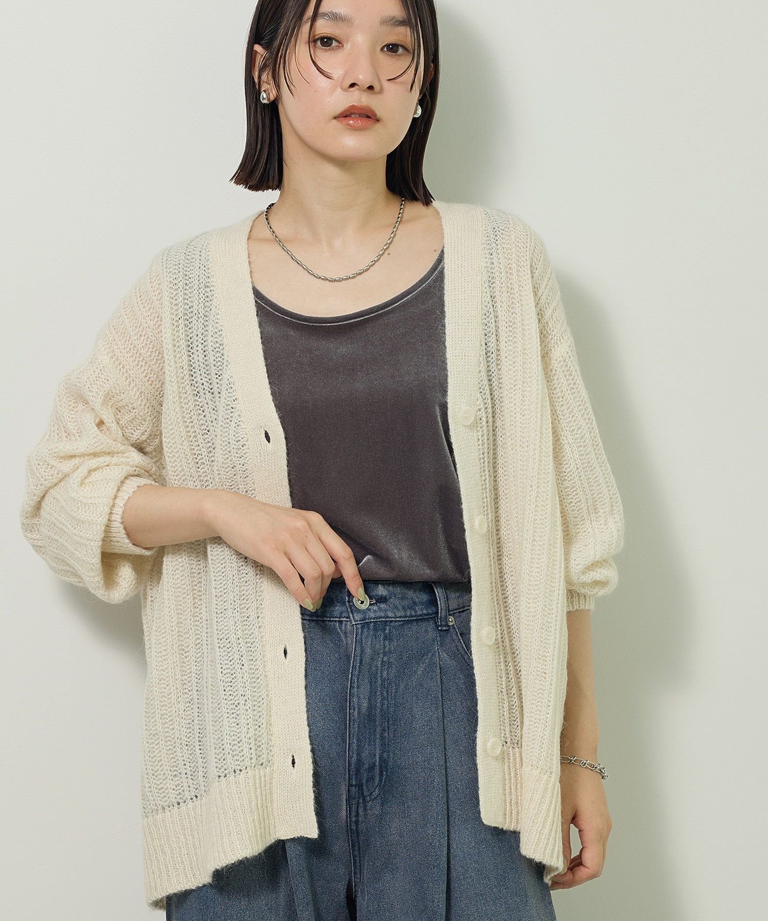 Green Parks シアーニットVネックカーディガン グリーンパークス トップス カーディガン グリーン グレー オレンジ ホワイト【送料無料】のサムネイル