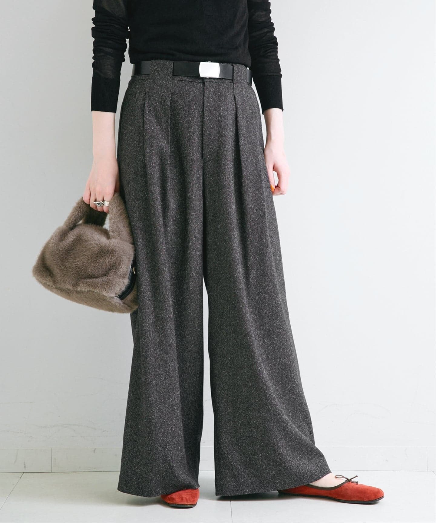 B.C STOCK 《予約》手洗い可 / ベルト付きタックワイドパンツ ベーセーストック パンツ スラックス・ドレスパンツ ブラック ブラウン【送料無料】