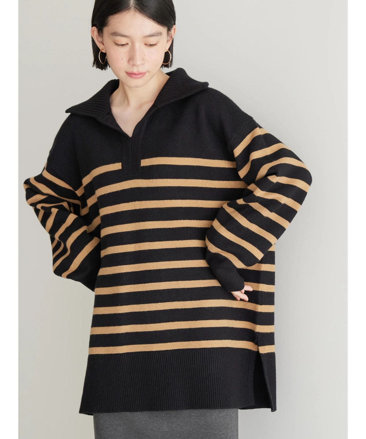 【SALE／35%OFF】AMERICAN HOLIC バイパチ衿付きニットチュニック/静電気防止/カジュアル/スリット/体型カバー/23AW アメリカン ホリック トップス ニット ホワイト グレー ブラック ネイビーのサムネイル