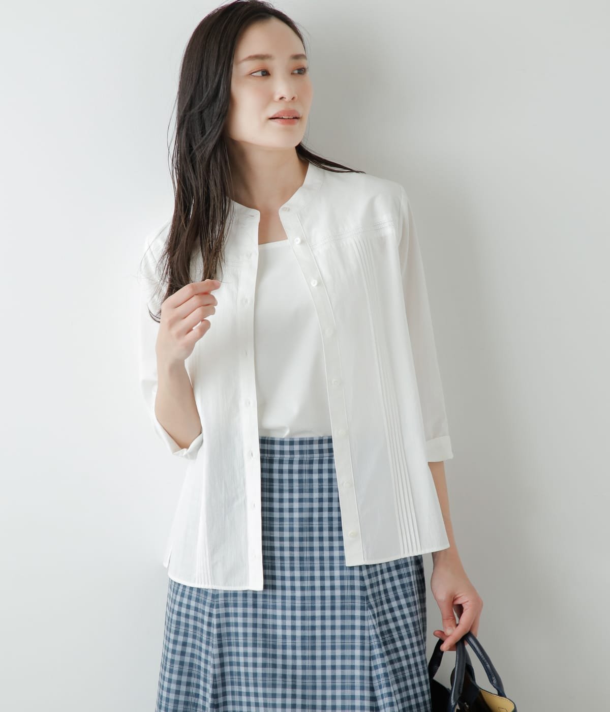 NEWYORKER WOMEN L-SIZE 【L】ヘアラインコットンボイル ピンタック7分袖シャツ ニューヨーカー エルサイズ トップス シャツ・ブラウス ホワイト【送料無料】