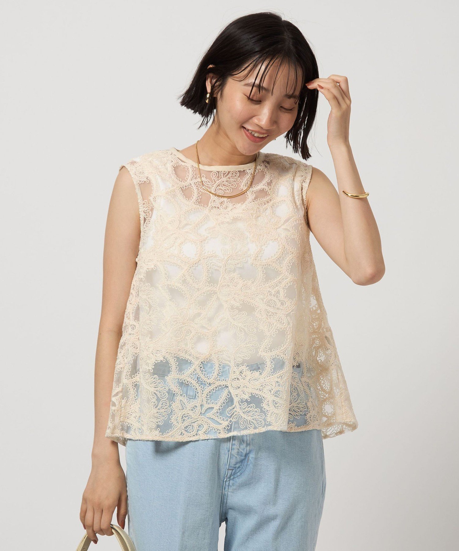 UNITED ARROWS green label relaxing レース ノースリーブ ブラウス ユナイテッドアローズ グリーンレーベルリラクシング トップス シャツ・ブラウス ホワイト ブラック【送料無料】のサムネイル