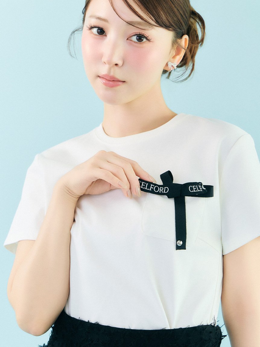 CELFORD ロゴ刺繍リボン付きカットソー セルフォード トップス カットソー・Tシャツ ホワイト ブラック