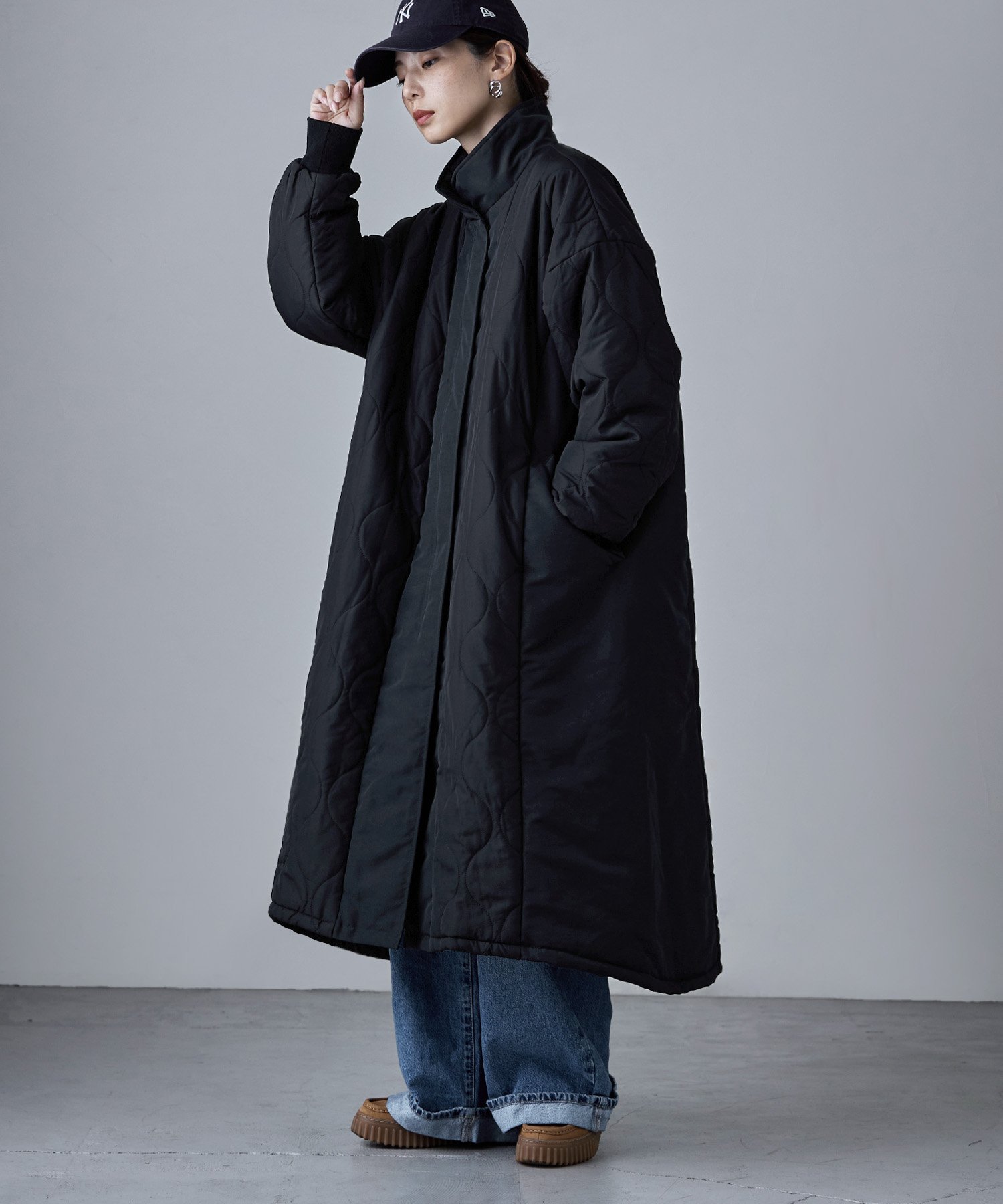 etoll. キルト切替スタンドロングコート ビーフラット ジャケット・アウター ダウンジャケット・ダウンベスト ブラック ホワイト カーキグリーン【送料無料】