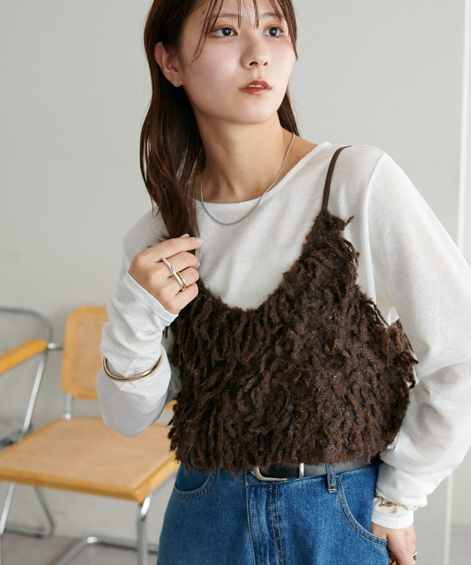 Discoat 【WEB限定】ウール混ループヤーンニットキャミ ディスコート トップス ニット ホワイト ブラウン グレー【送料無料】のサムネイル