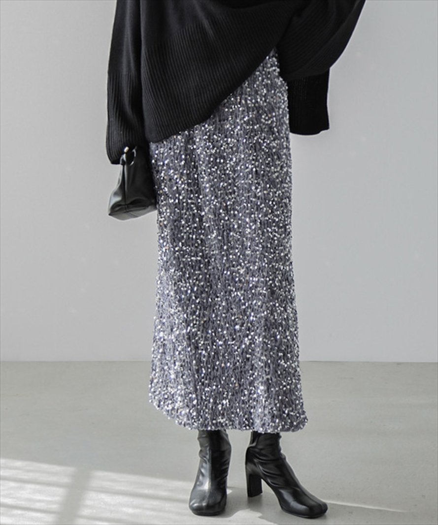 La-gemme スパンコールロングスカート ラジュール スカート ロング・マキシスカート グレー ブラック【..
