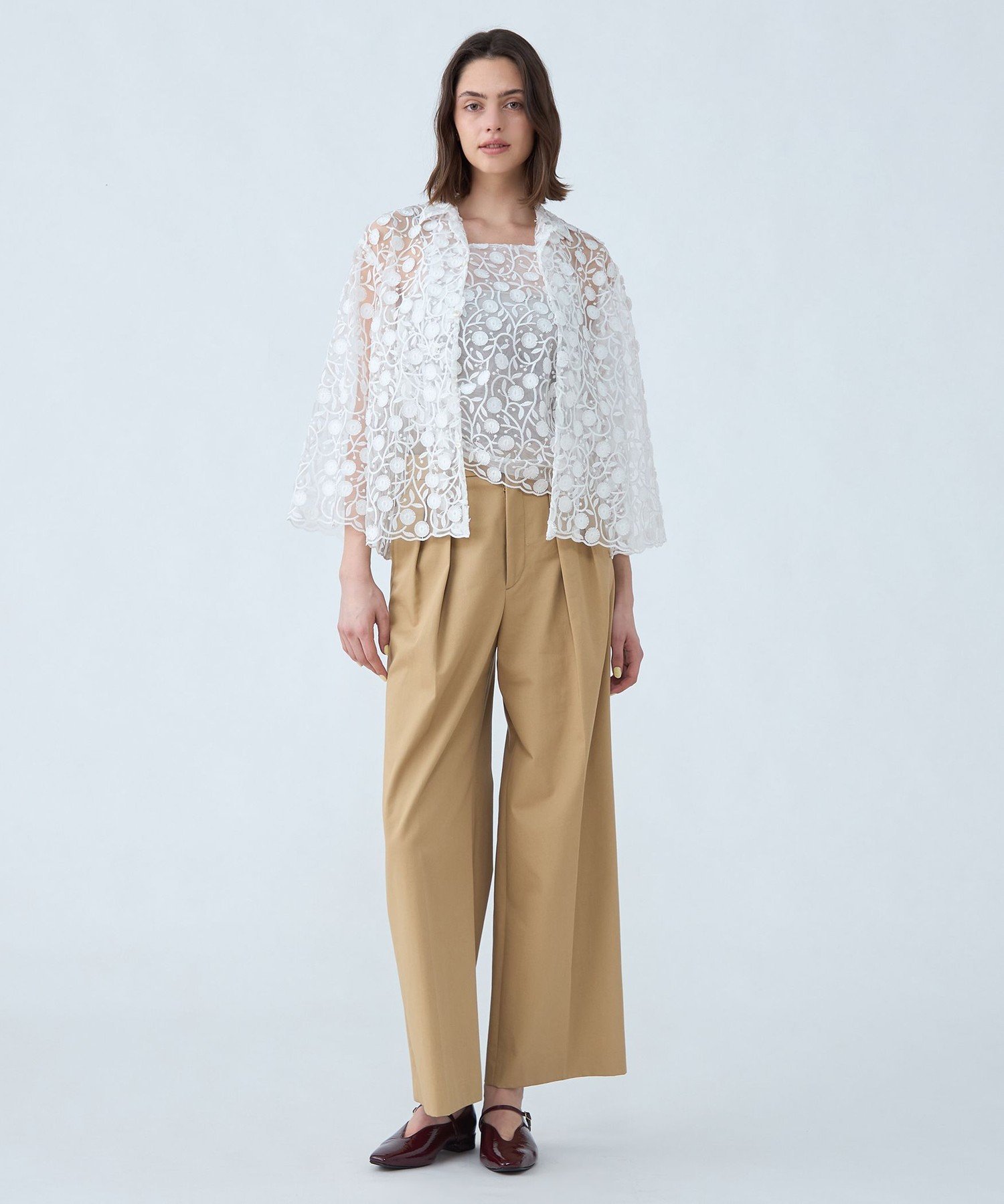 【SALE／50%OFF】MACPHEE メッシュエンブロイダリー オープンカラーシャツ トゥモローランド トップス シャツ・ブラウス ホワイト ブラック【送料無料】