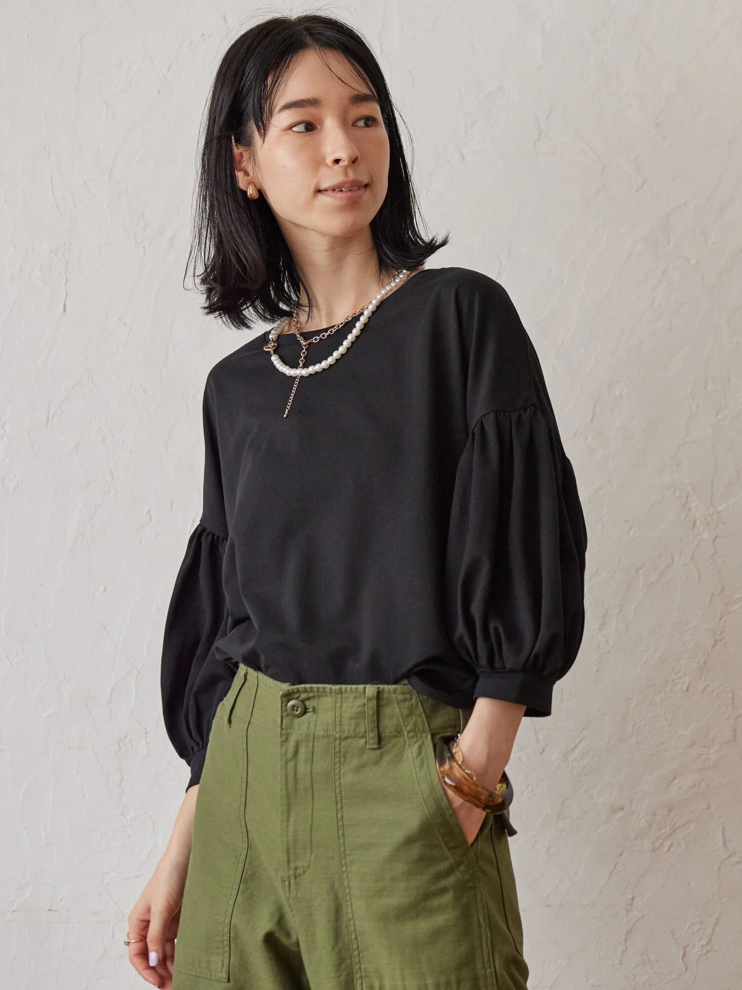 【SALE／60%OFF】AMERICAN HOLIC 5分袖ギャザーカットプルオーバー アメリカン ホリック トップス カットソー・Tシャツ グレー パープル ブラックのサムネイル