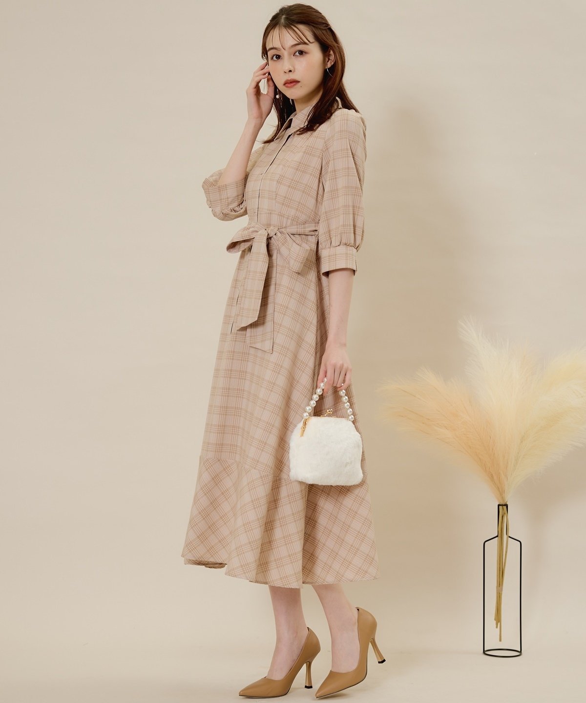 Swingle 切替チェックリボン付きシャツワンピース スウィングル ワンピース・ドレス その他のワンピース・ドレス ブラック【送料無料】のサムネイル