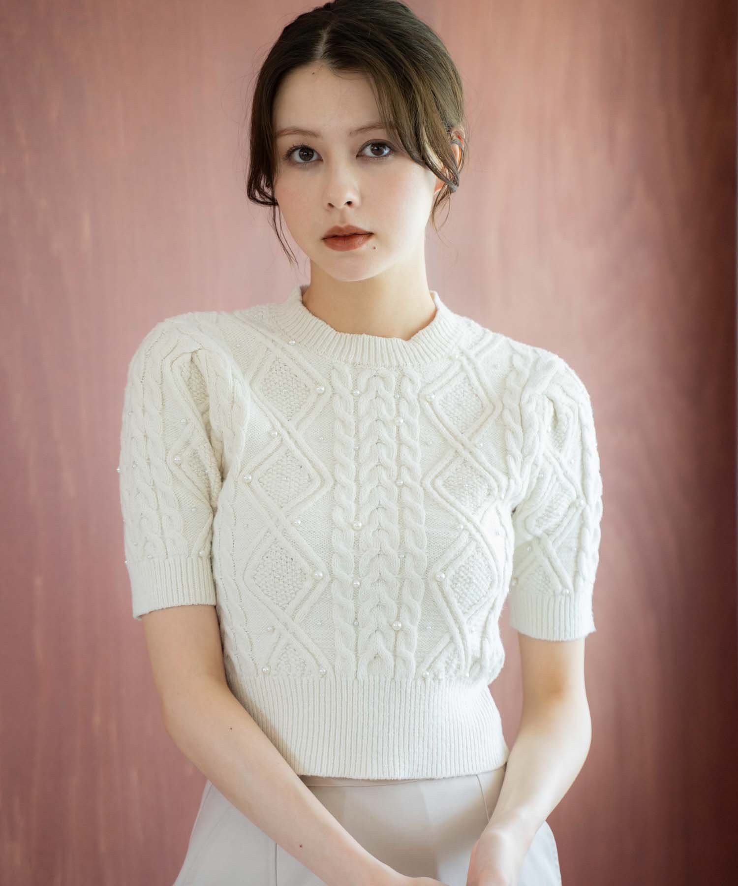 【SALE／30%OFF】Noela ケーブルパールニット ノエラ トップス ニット ピンク グレー ホワイト【送料無..