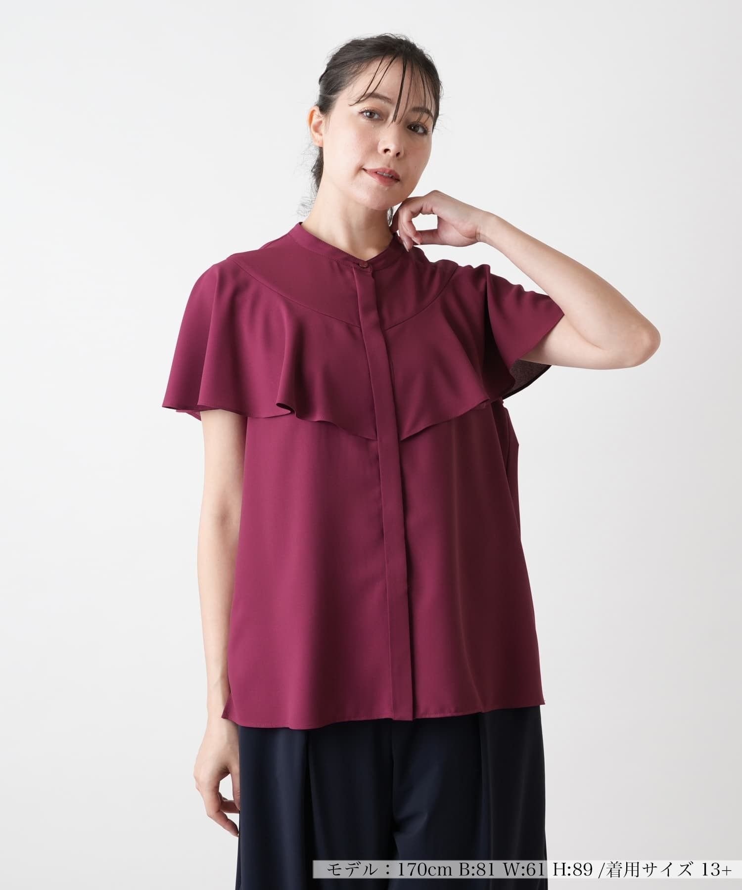 Leilian PLUS HOUSE バンドカラーブラウス【BOURGE】 レリアン プラスハウス トップス シャツ・ブラウス ワインレッド ネイビー
