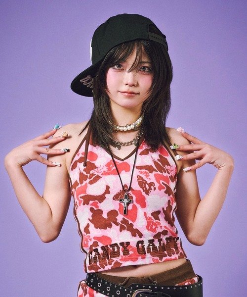 SELECT BRANDS GALFY/ガルフィー ハデカモキャミ(WOMENS) ジャックローズ トップス ノースリーブ・タンクトップ カーキグリーン ピンク