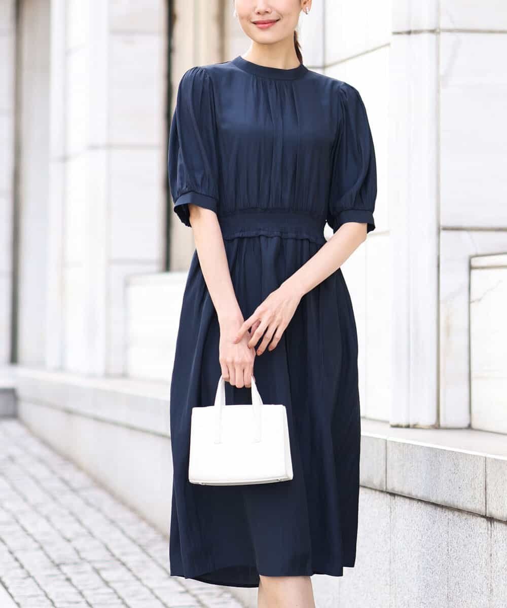 OFUON パウダーサテンシャーリングワンピース/洗える オフオン ワンピース・ドレス ワンピース グレー ネイビー パープル【送料無料】