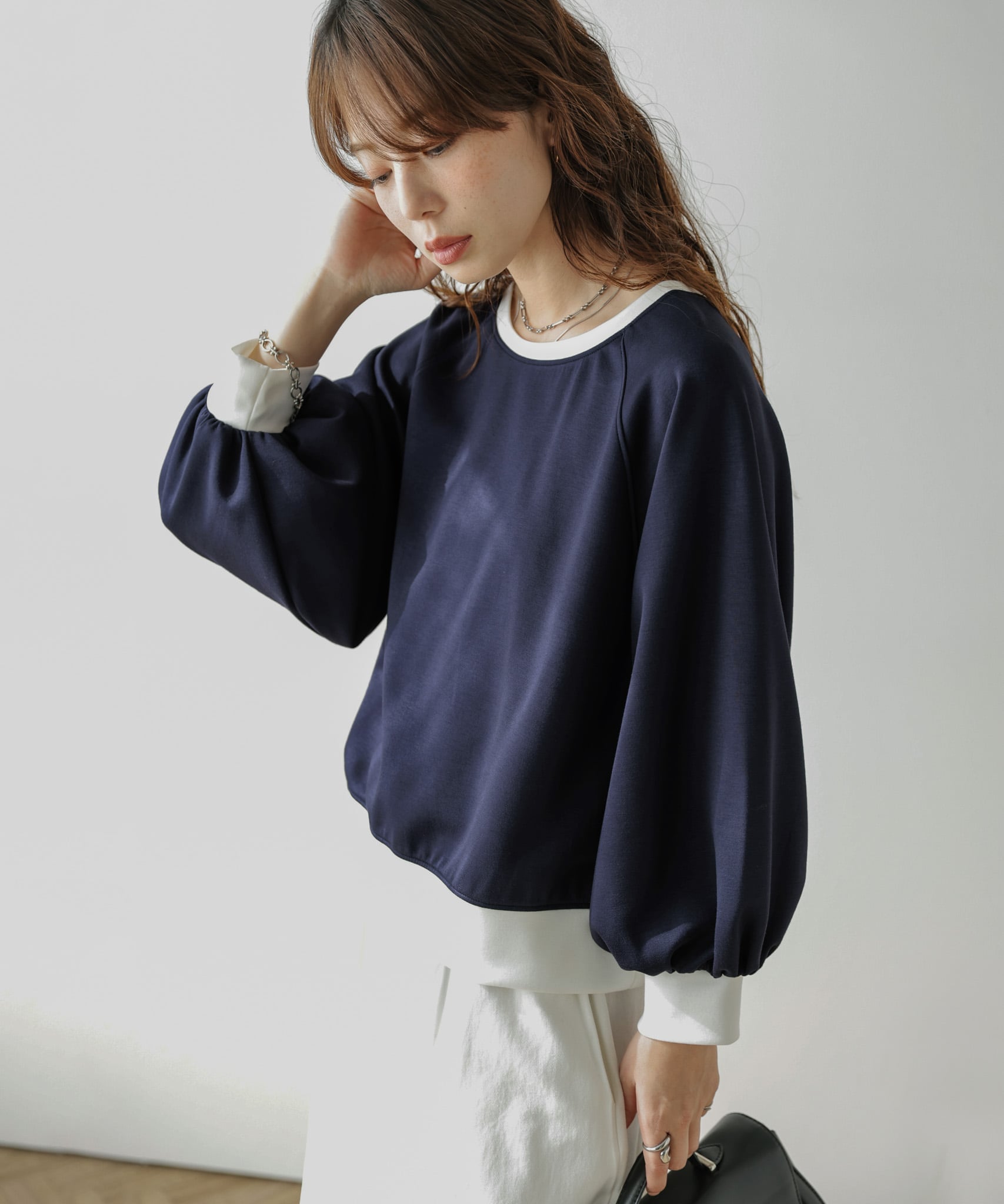 La-gemme 配色カラー バルーン袖プルオーバー ラジュール トップス カットソー・Tシャツ グレー ベージュ ネイビー