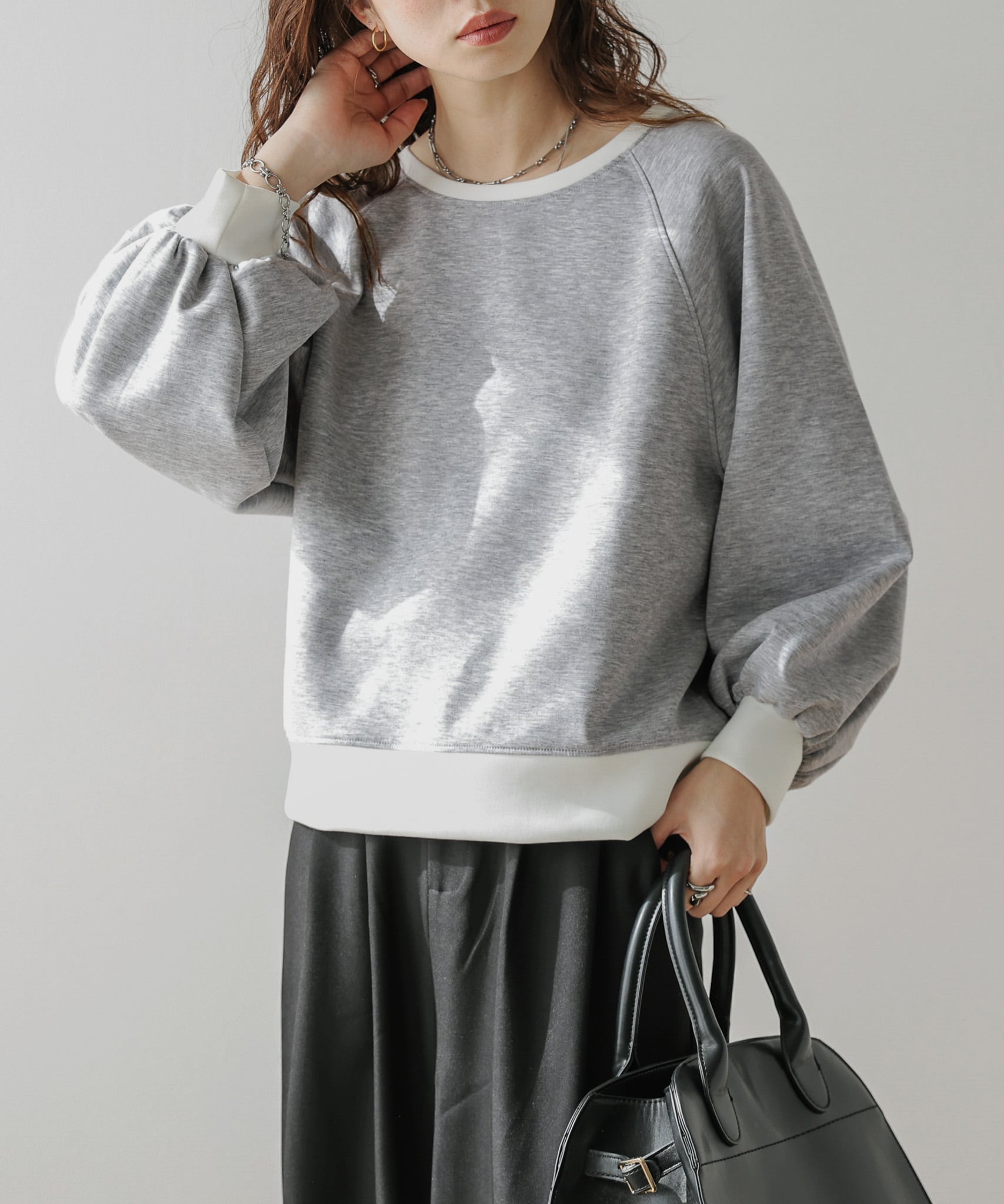 La-gemme 配色カラー バルーン袖プルオーバー ラジュール トップス カットソー・Tシャツ グレー ベージュ ネイビー