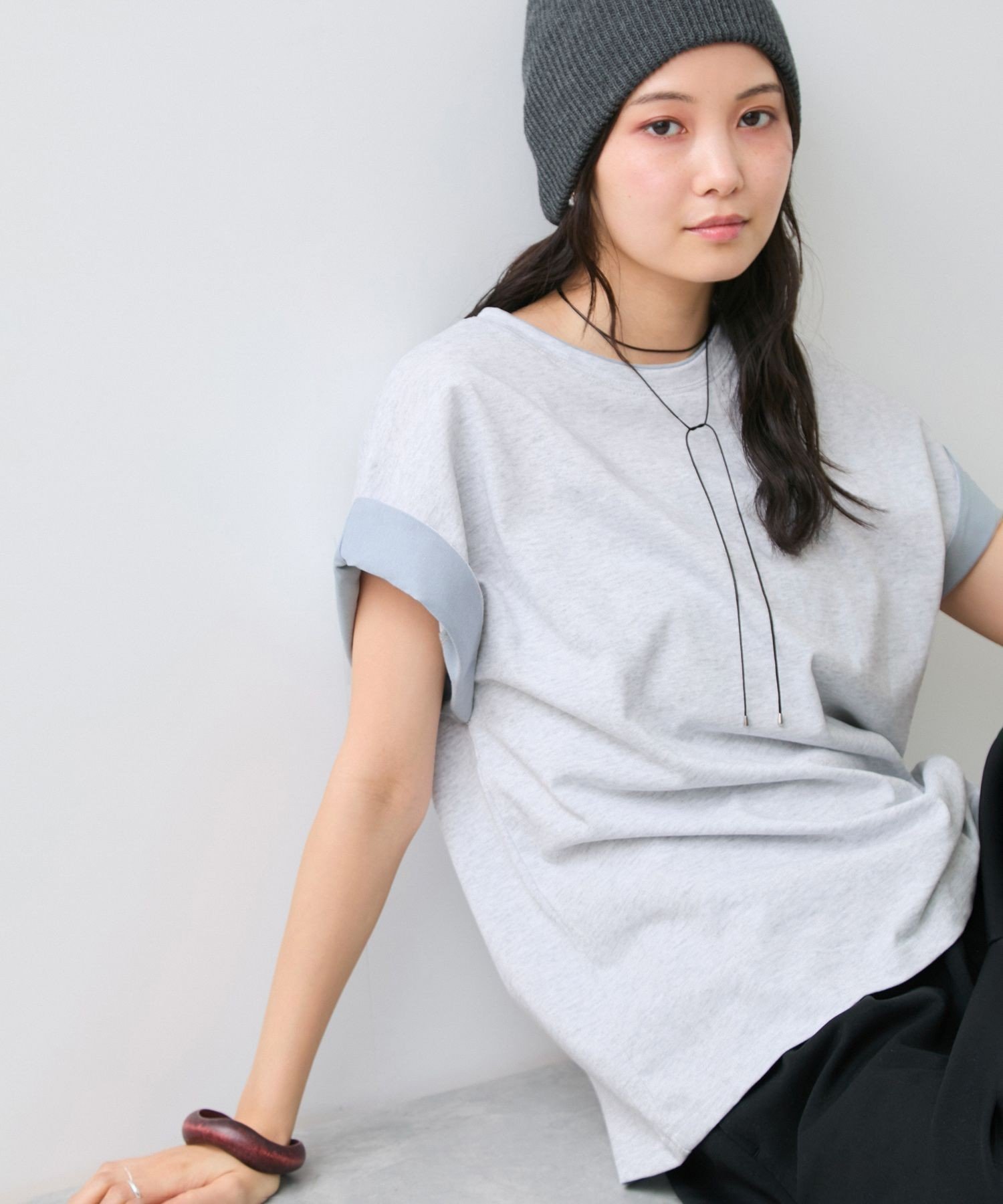 VIS 【WEB限定】天竺袖配色Tシャツ ビス トップス カットソー・Tシャツ ホワイト ブラック