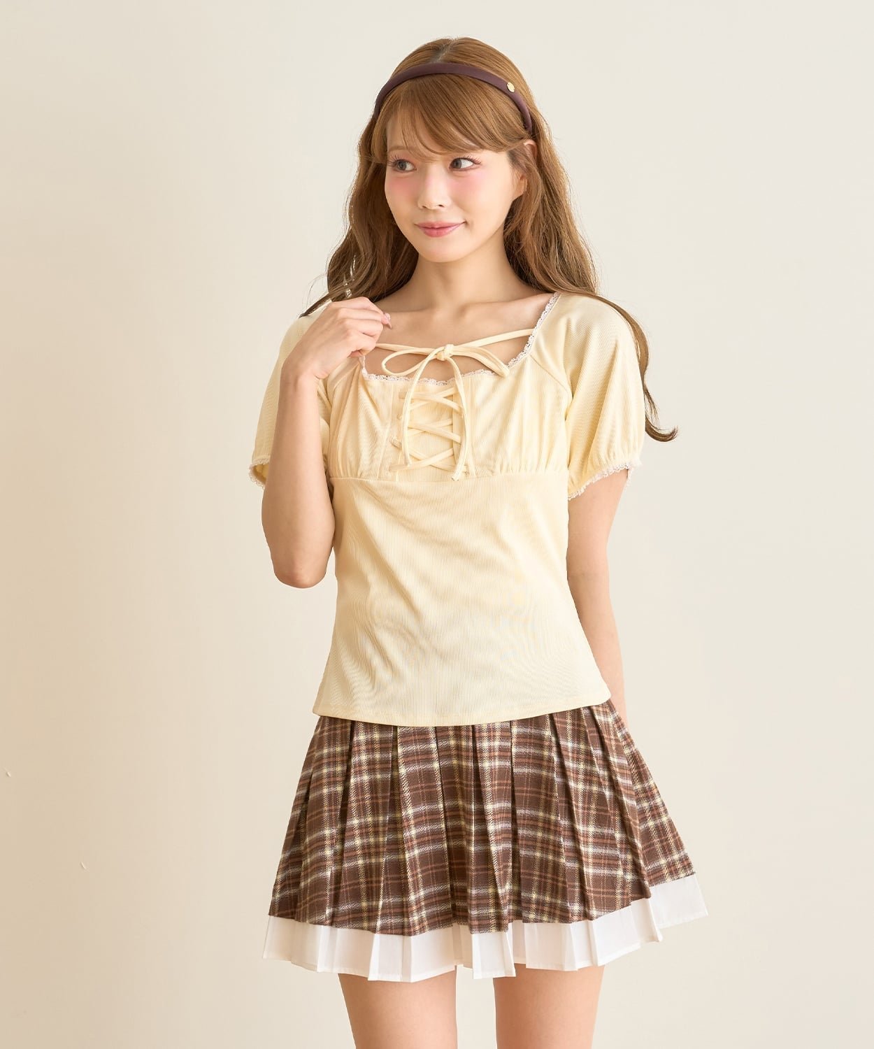 Mi-je レースアップテレコ半袖Tシャツ ナルミヤオンライン トップス カットソー・Tシャツ ホワイト