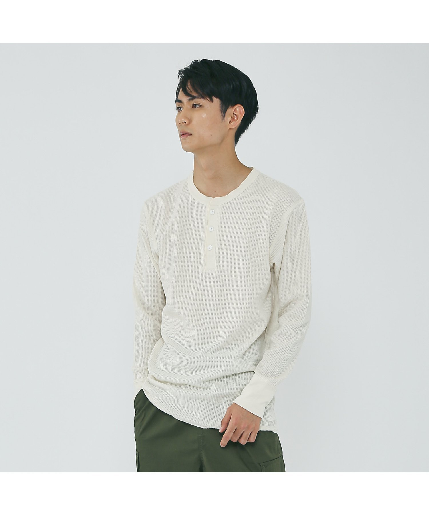 ABAHOUSE LASTWORD 【JEMORGAN/ジェーイーモーガン】ワッフル ヘンリーネック ロングスリーブ アバハウス トップス カットソー・Tシャツ グレー ホワイト ネイビー ブラック カーキグリーン