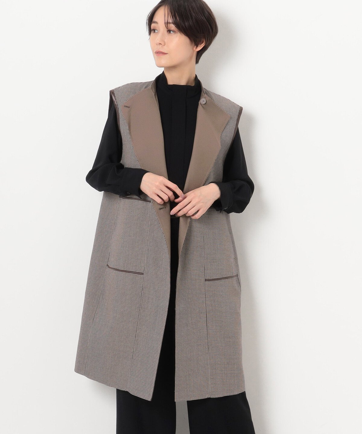 【SALE／64%OFF】K.T KIYOKO TAKASE 【リバーシブル】無地*ハウンドトゥースダブルフェイス ロングジレ コムサ トップス ベスト・ジレ【送料無料】 1