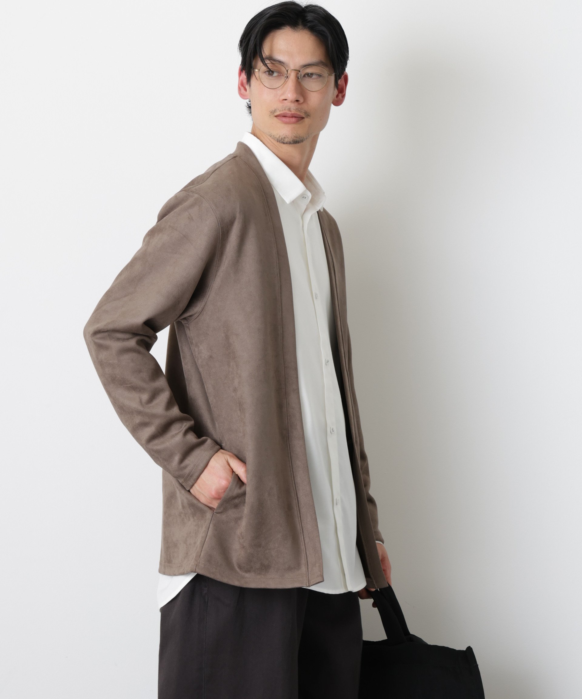 NANO universe フェイクスエードトッパーカーディガン ナノユニバース トップス カットソー・Tシャツ グレー ブラック ホワイト