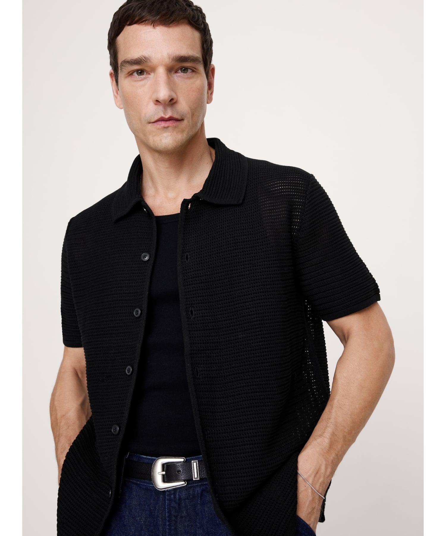 【SALE／20%OFF】BANANA REPUBLIC (M)コットン メッシュ ポロ カーディガン バナナ・リパブリック トップス ポロシャツ イエロー ブラック【送料無料】