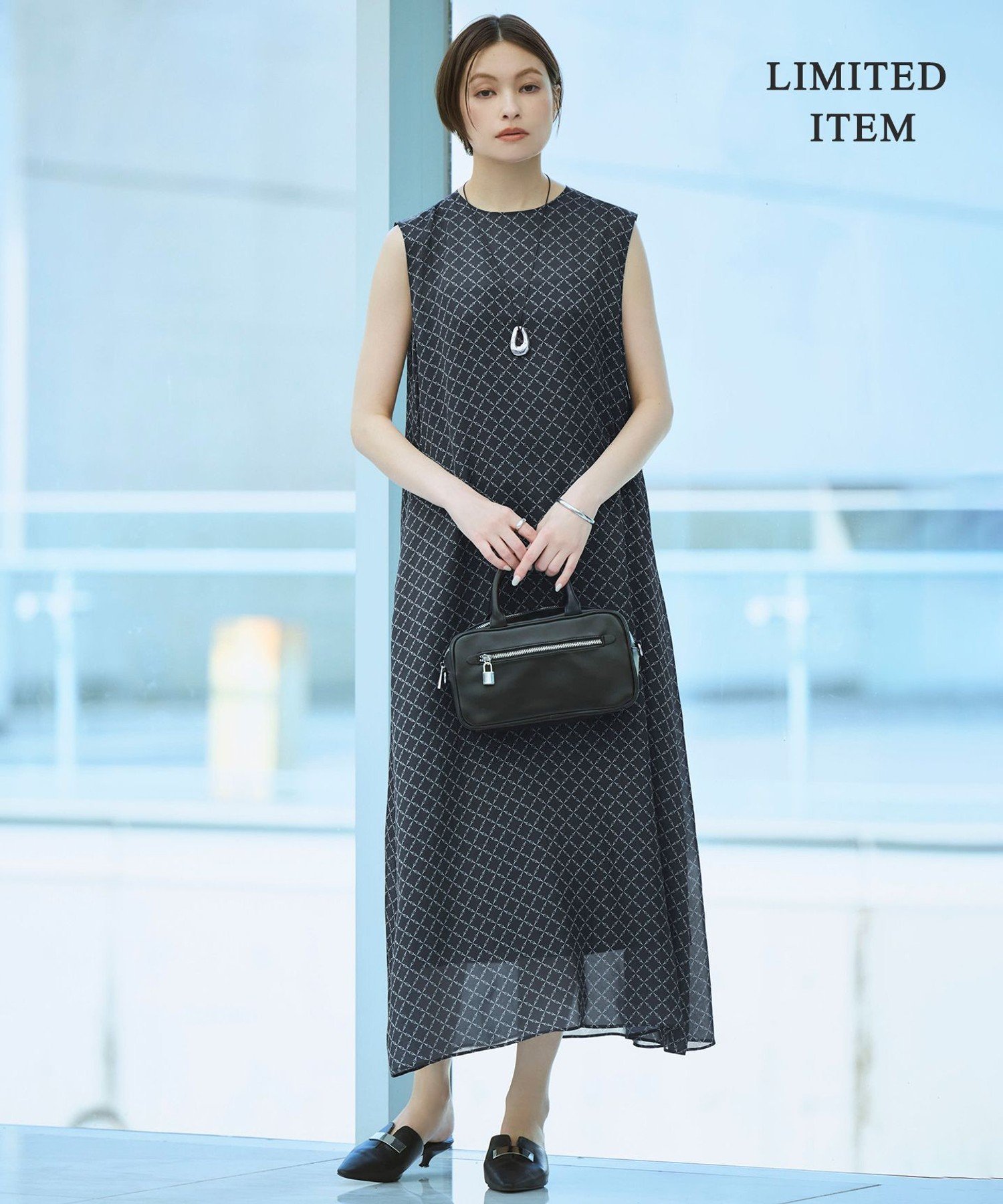 ICB 【WEB限定・丈が選べる】サテンオーガンプリント ノースリーブワンピース アイシービー ワンピース・ドレス ワンピース ネイビー ブラック【送料無料】