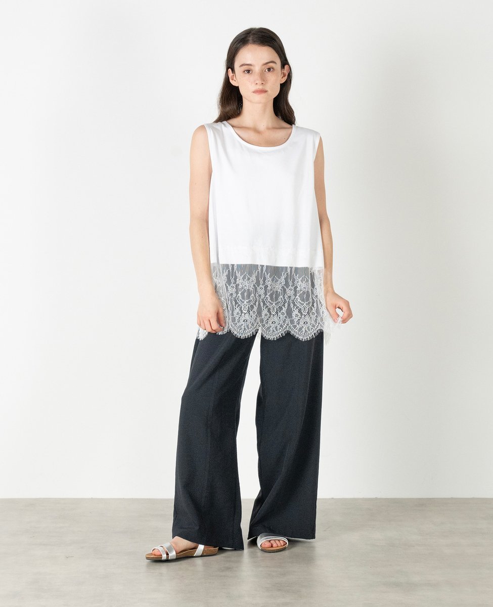 MELROSE CLAIRE 【レース付きタンクトップ】 メルローズクレール トップス ノースリーブ・タンクトップ ホワイト ブラック