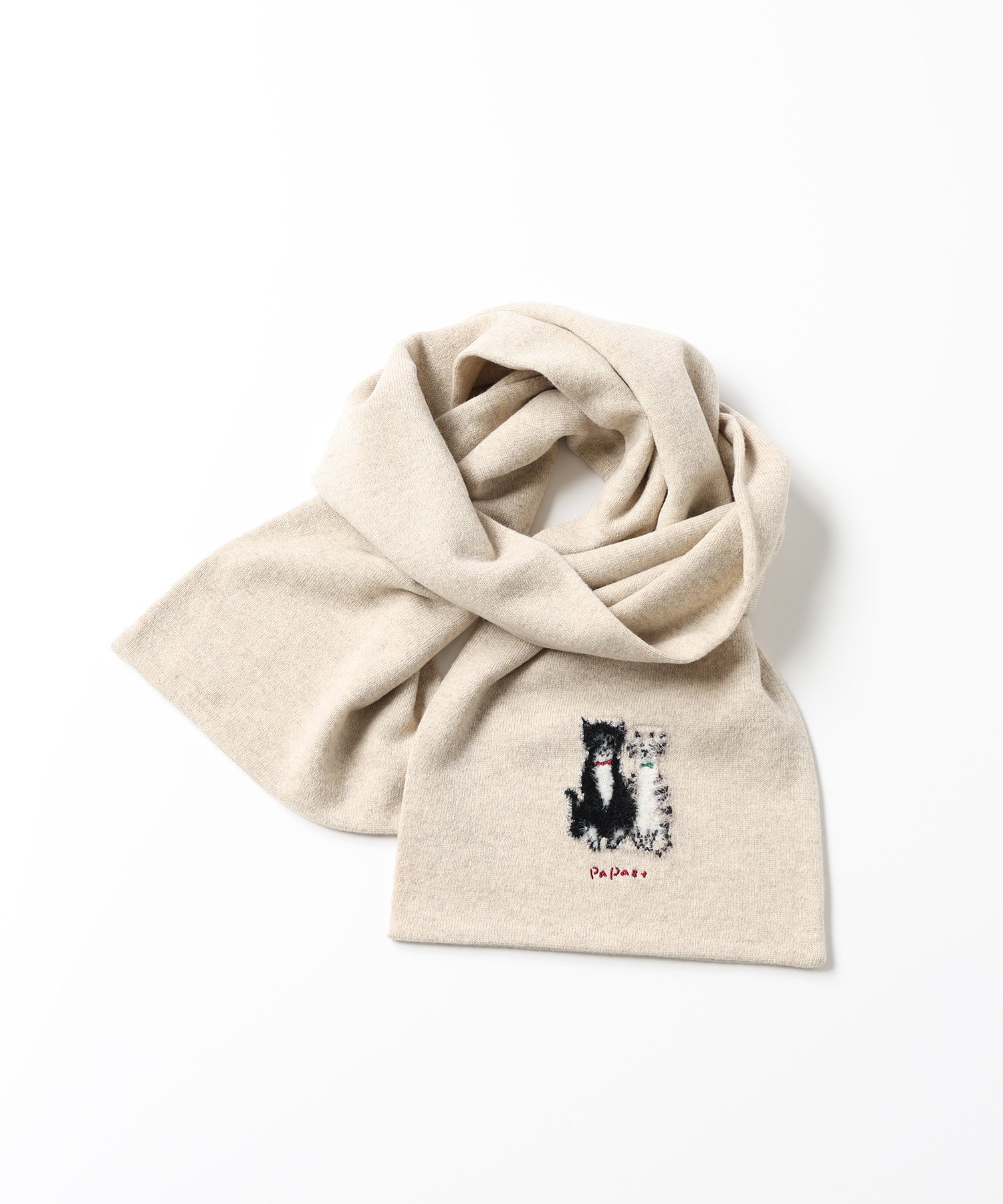 PAPAS PLUS ウールニットインターシャ7G ネコ柄 マフラー パパス ファッション雑貨 マフラー・ストール..