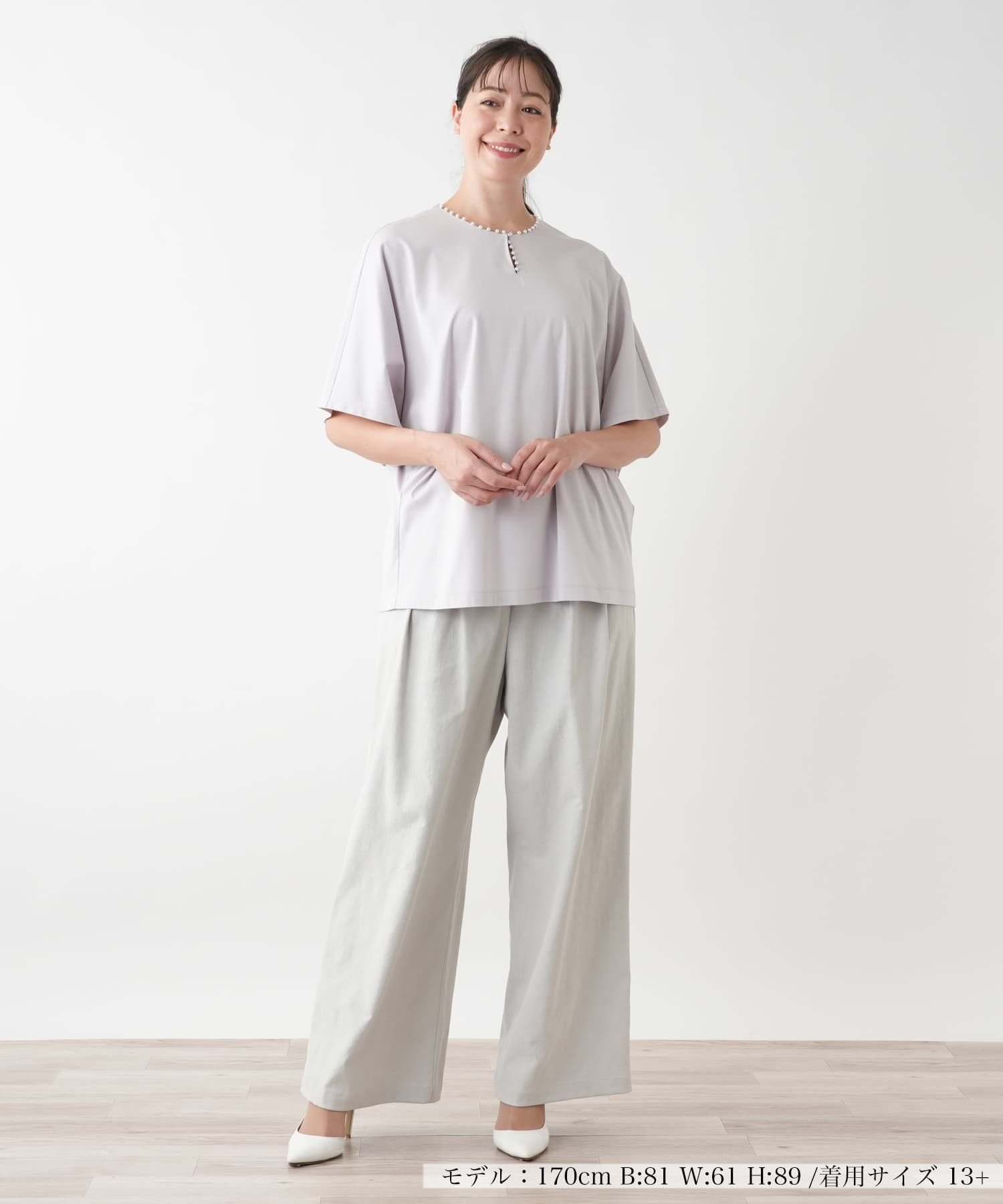 Leilian PLUS HOUSE パール調ビジューカットソー【BOURGE】 レリアン プラスハウス トップス カットソー・Tシャツ ネイビー ピンク
