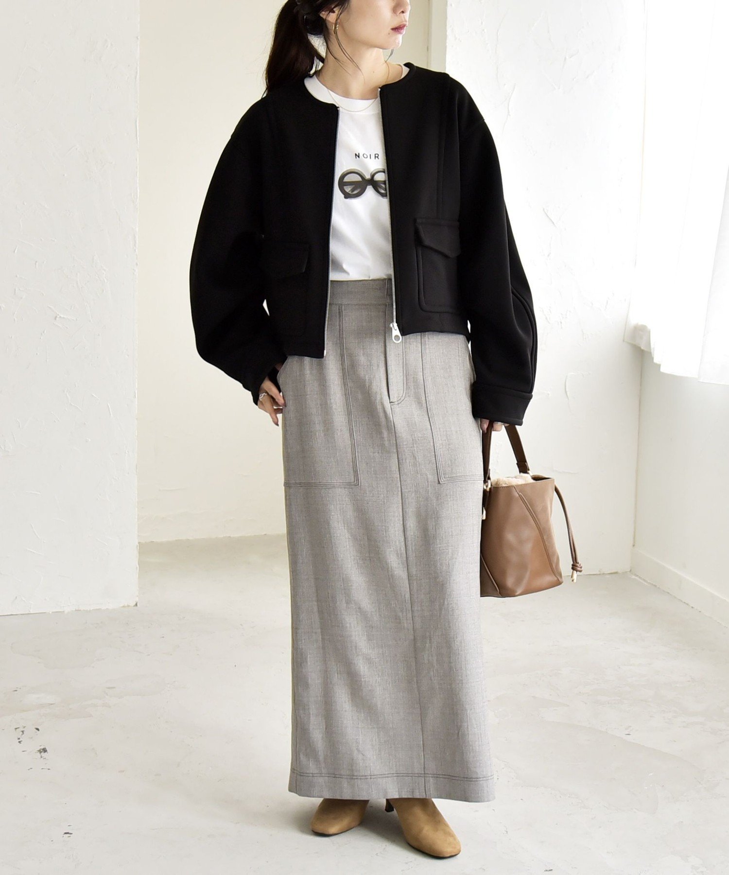 【SALE／35%OFF】quaranciel quaranciel:＜洗濯機可能＞ダンボール 裏起毛 ノーカラー コクーン ショート ブルゾン シップス ジャケット・アウター ブルゾン・ジャンパー ベージュ ブラック【送料無料】