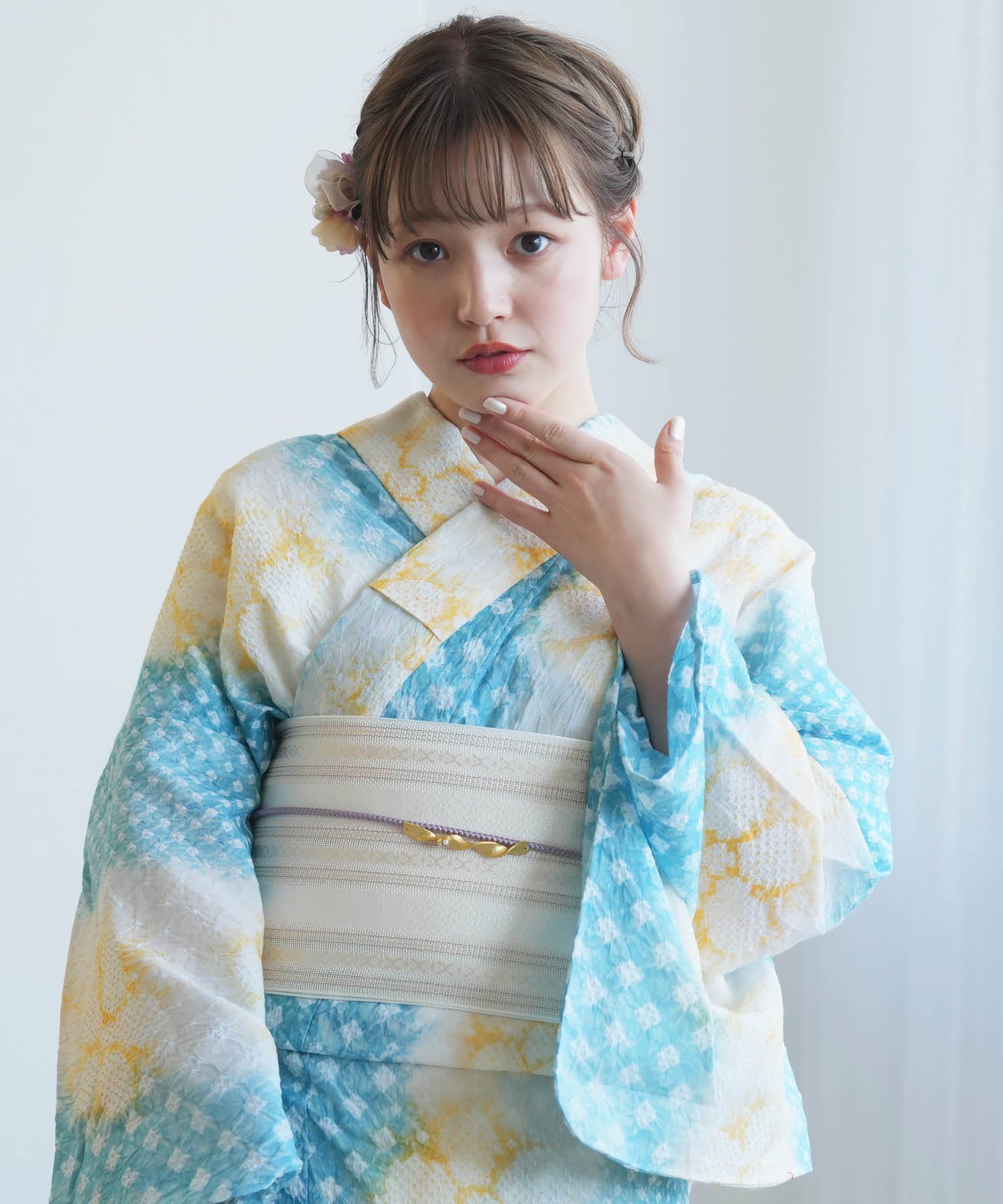 utatane 【utatane 有松絞り 浴衣3点セット シーブルーにひだまりの花】 ウタタネ 着物・浴衣・和装小物 浴衣【送料無料】