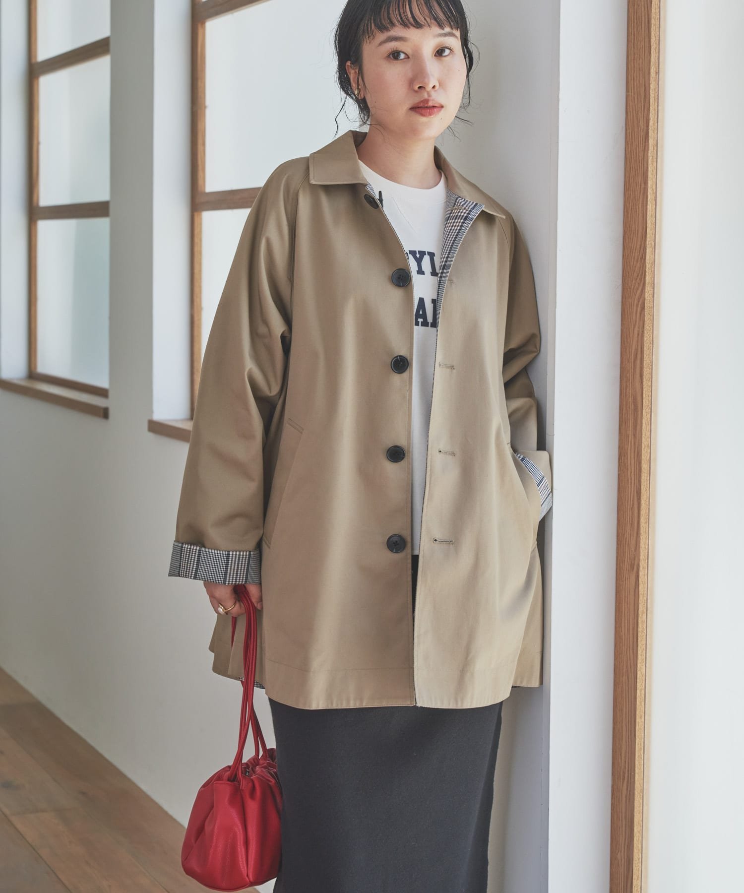 美品 アーバンリサーチドアーズ ロングコート 綿 ノーカラー ベージュ URBAN RESEARCH DOORS（アーバンリサーチドアーズ）の「ノー